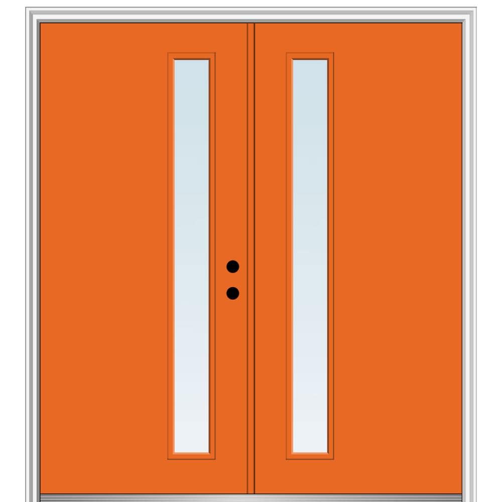 MMI DOOR ZZ345755L Spotlights 60-in x 80-in x 4-9/16-in Fiberglass Pulse lite Left-hand inswing Tangerine Painted Prehung Double Front Door with Brickmould Insulating core
