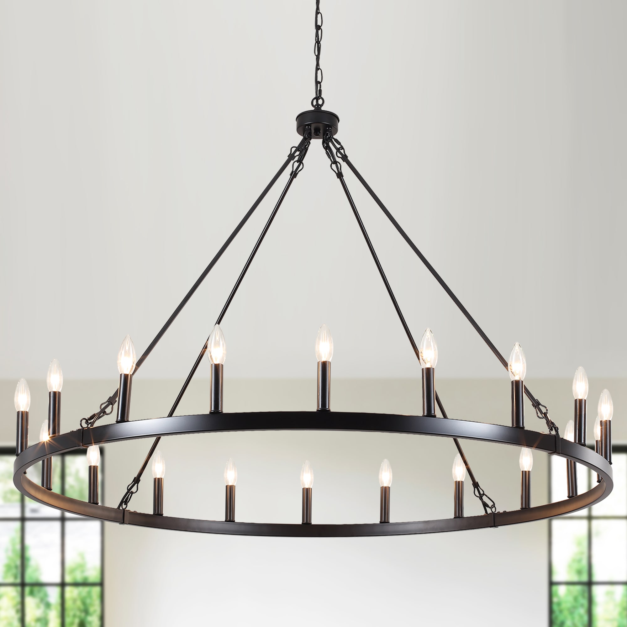 HLJYNJM 47.24-in Matte Black 20-Light Farmhouse Wagon Wheel Candle Chandelier for Living Room Kitchen Foyer
