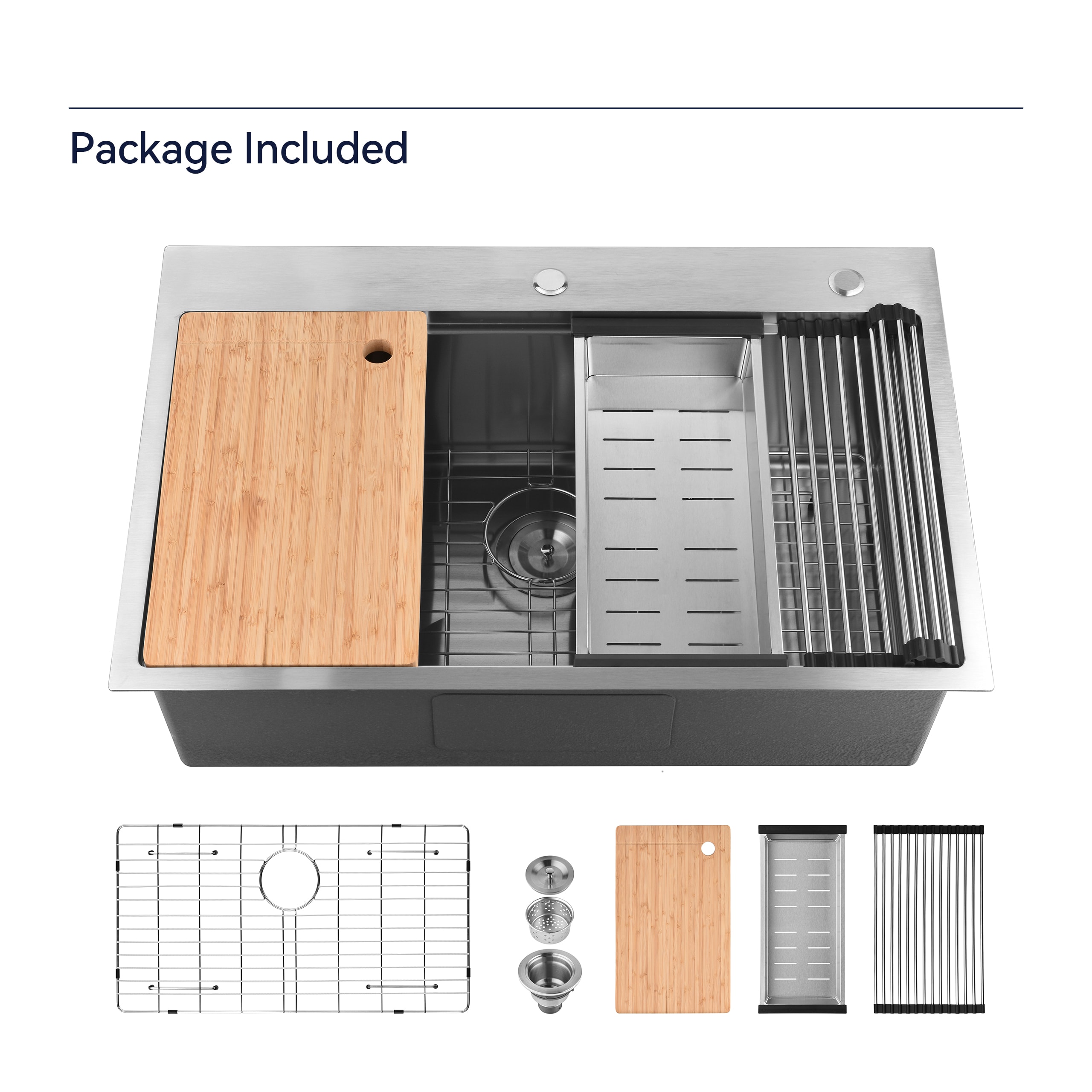 Vanityfus 33 Inch x 22 Inch S/S Kitchen Sink Single Bowl in Brushed with Cutting Board and Colander excluding Faucet