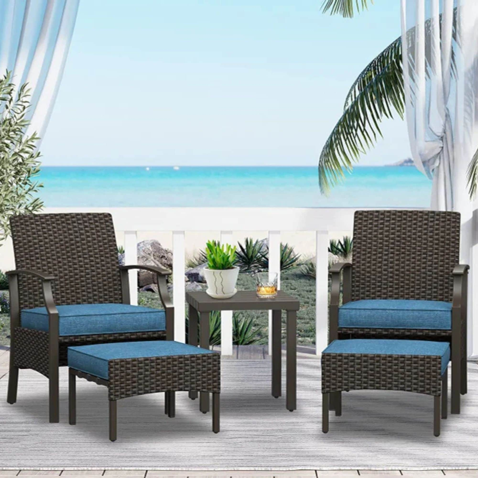 5-Piece Wicker Patio Conversation Set with Blue Cushions and Steel Table Polyester | - Mondawe MA-GCS039GY