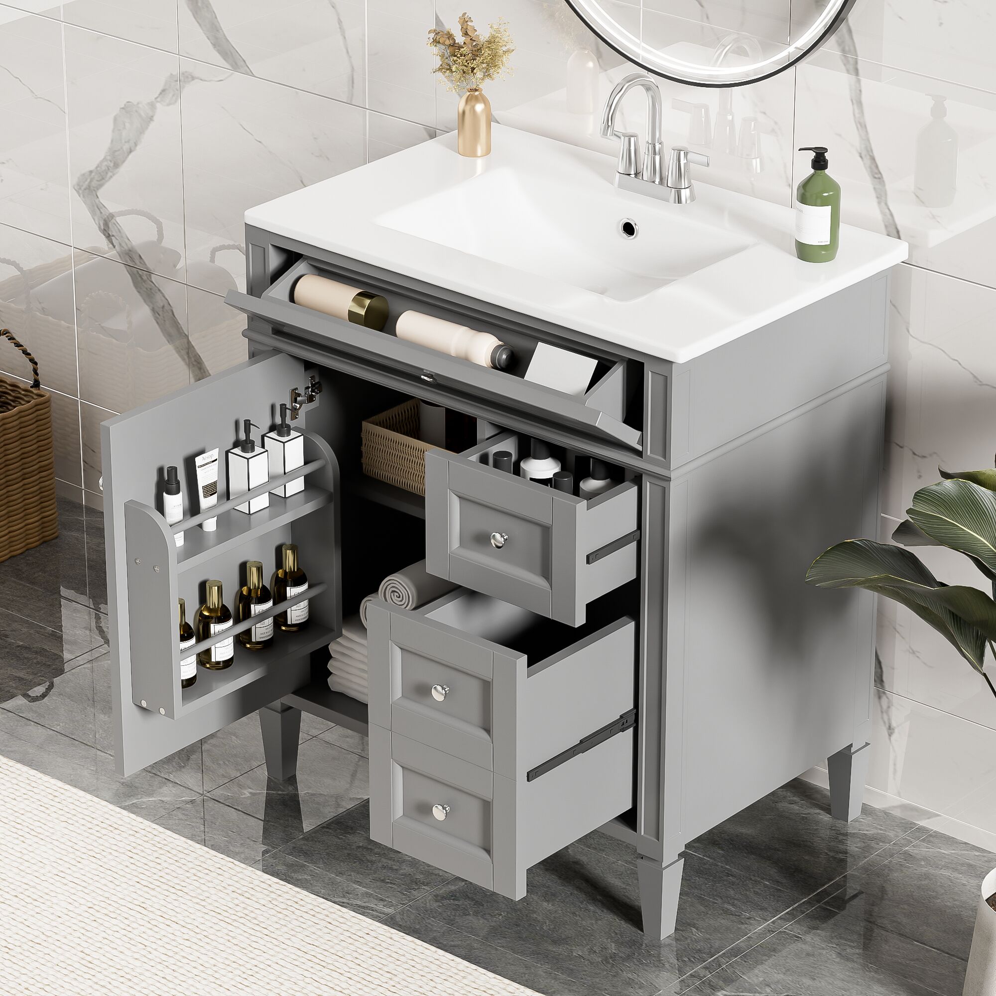 Wooakway 30in Bathroom Vanity with Top Sink Modern Bathroom Storage Cabinet with 2 Drawers and a Tip-out Drawer Single Sink Bathroom Vanity