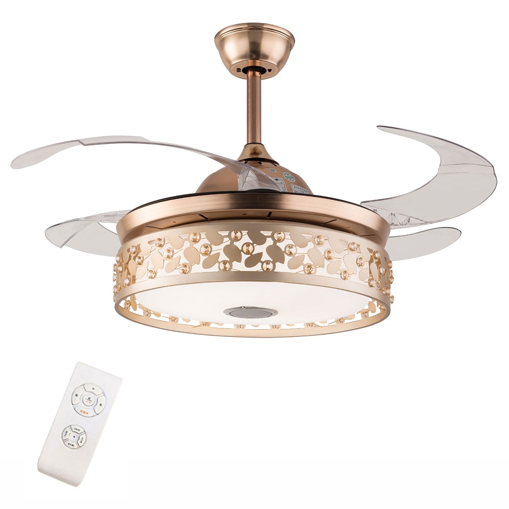Oukaning HG-HCXLST-4440-US 42-Inches Gold Modern 7 Colors Retractable Invisible with Music Player with ABS Blades Color-Changing Integrated LED Fixture Indoor Downrod mount Chandelier Ceiling Fan With Light and Remote ( 4 -Blade)