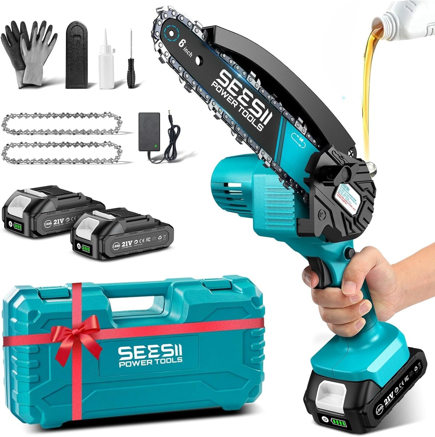 SeeSii  Mini Chainsaw 6 inch Cordless Chainsaw w 2x2000mAh Batteries Oiler System and Replacement Chain Handheld Electric Chain Saw w Safety Lock Battery Powered Chainsaw for Wood Tree Cutting M6 Plus