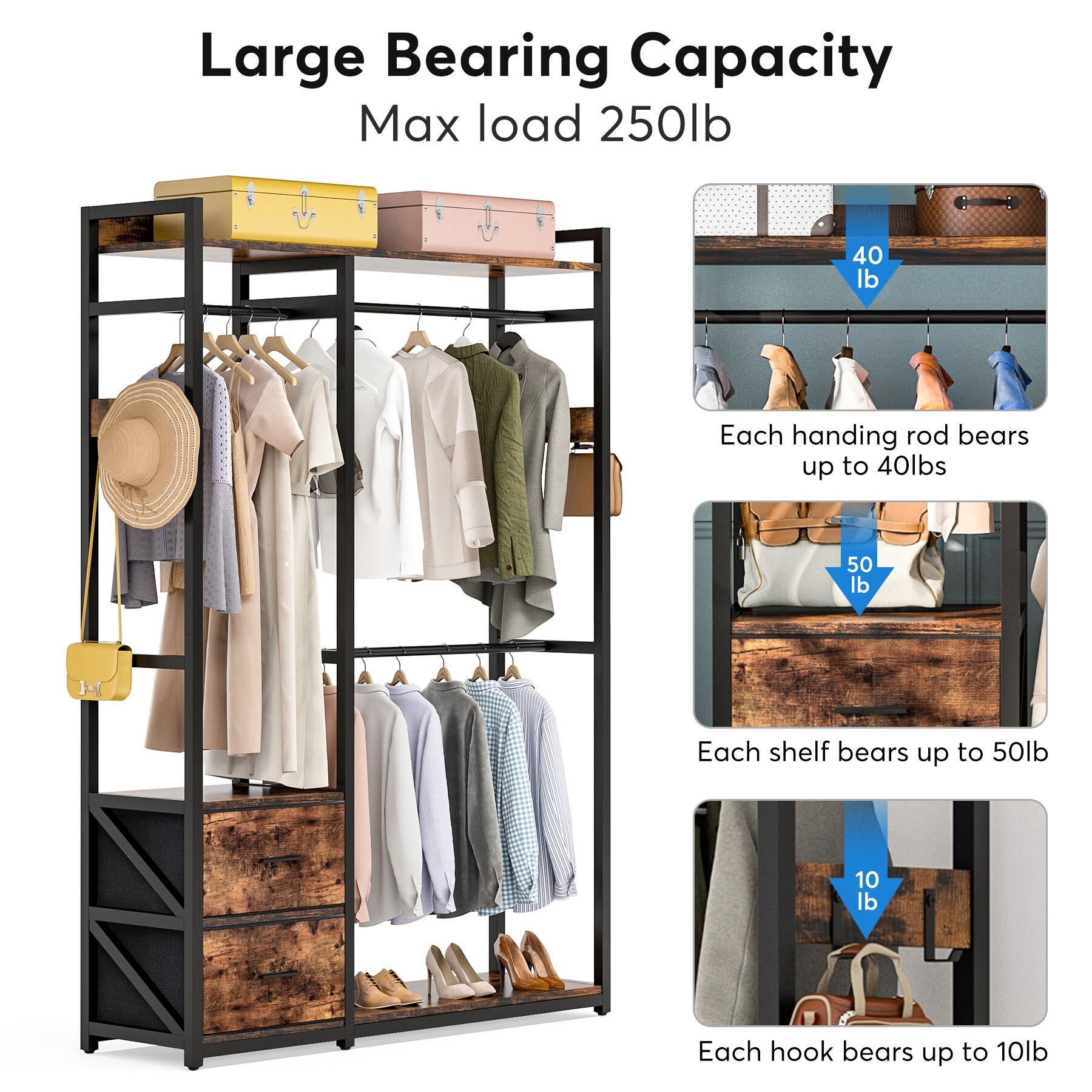 Large Closet Organizer with Hooks Heavy Duty Garment Rack w/  Shelves&Hanging Rod