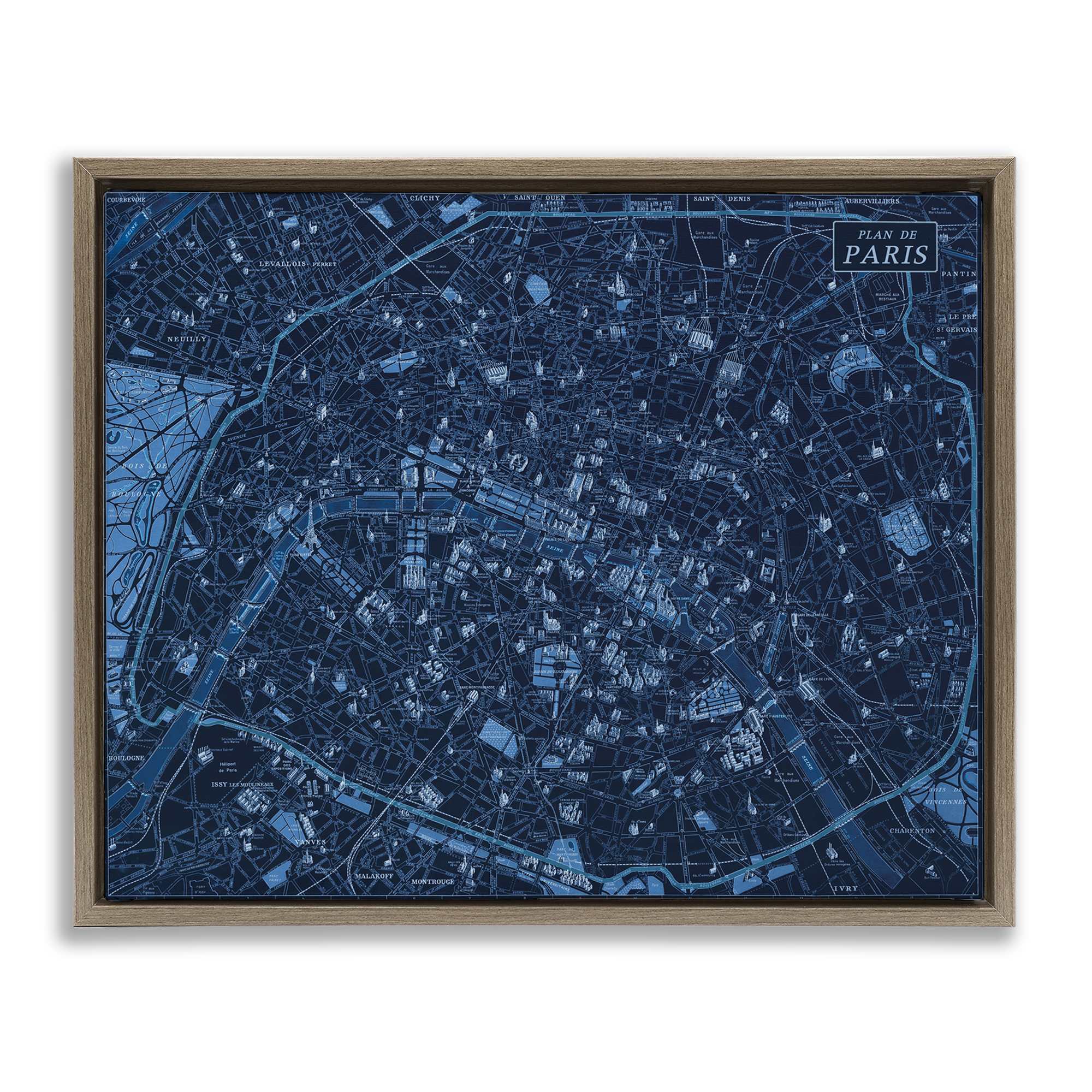 Stupell Industries BT-474-FFE-24X30 Blue Detailed Paris Map Floating Frame design by Phillipa Katz