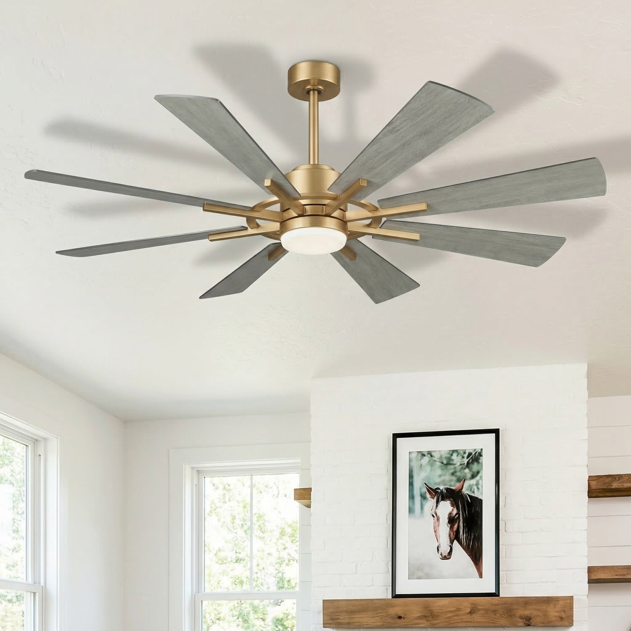 Parrot Uncle Windmill Ceiling Fans 60-in Gold with Brown Blades LED Ceiling Fan With Light and Remote Control Included 8 -Blade