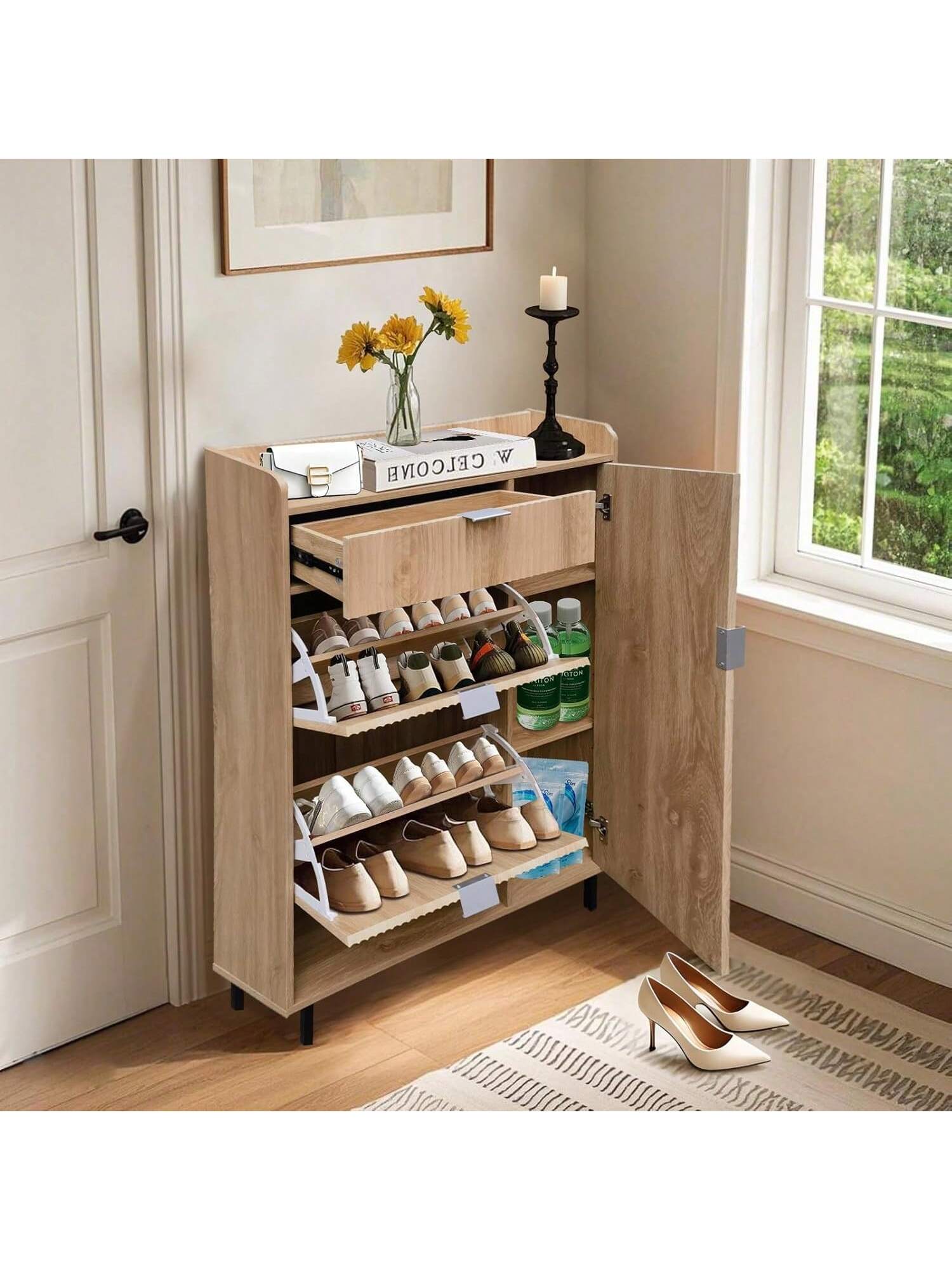 WhizMax 1GGL-PHO-347EUUXT Shoe Cabinet Storage with 2 Flip Drawers  Entryway Hidden Thin Farmhouse Wave Wood Shoe Organizer Cabinet with 2 Adjustable Shelves