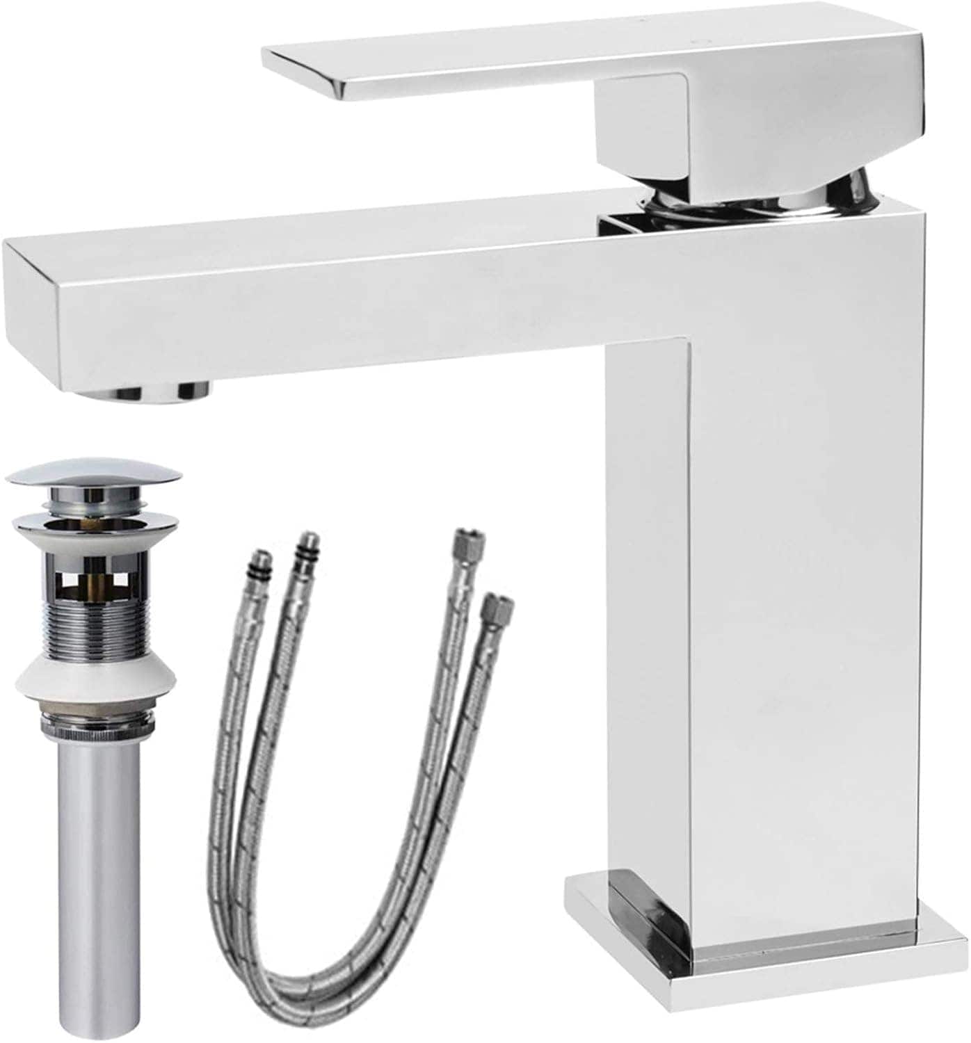 Rbied WJ-LSR-72 Bathroom Faucet Single Hole Single Handle Solid Brass Square Vanity Sink with Pop up Drain Chrome