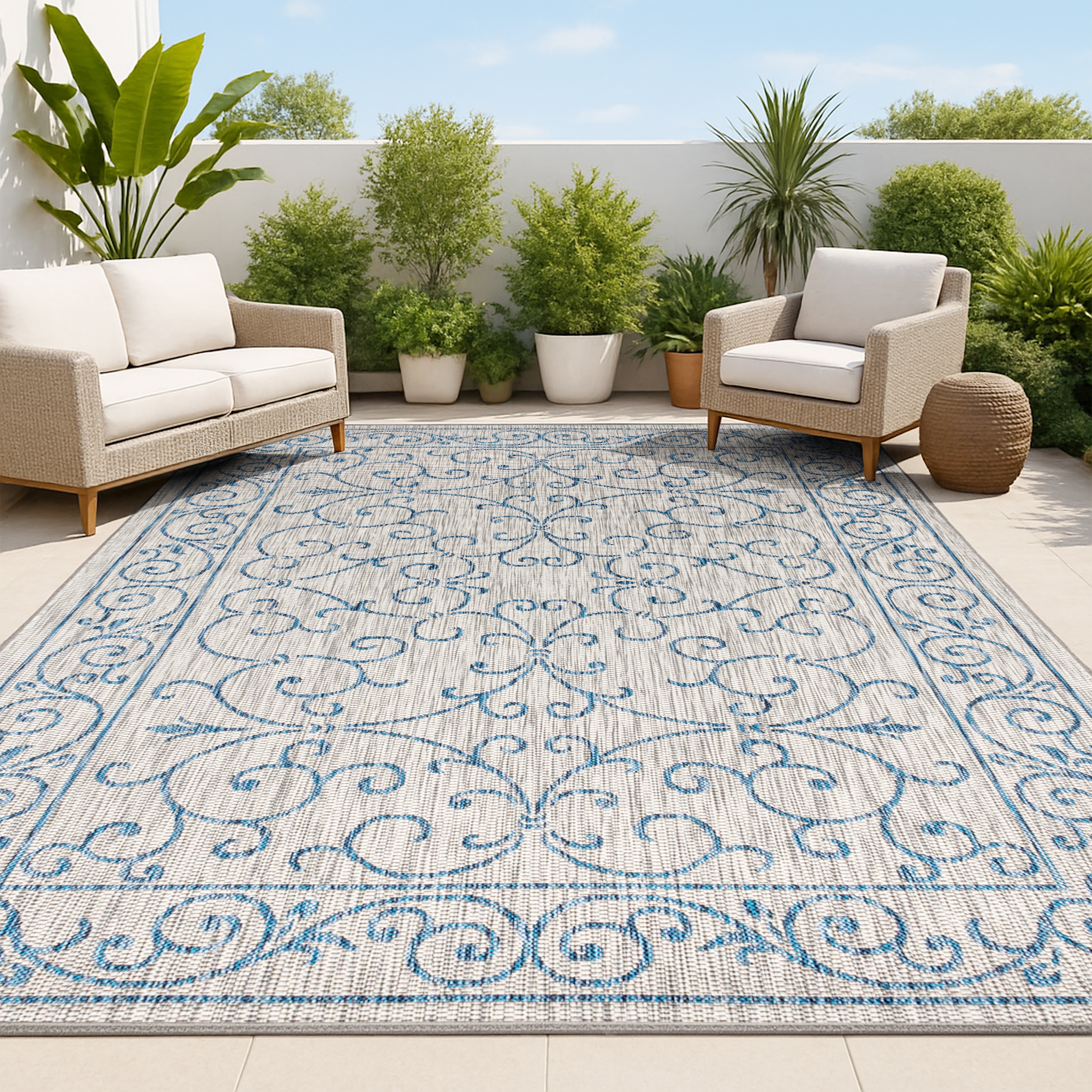 JONATHAN  Y SMB106C-9 Santa Monica Charleston Filigree Textured Weave 9 x 12 (ft) Loomed Polypropylene Gray/Navy Rectangular Indoor/Outdoor Border French Country Area rug