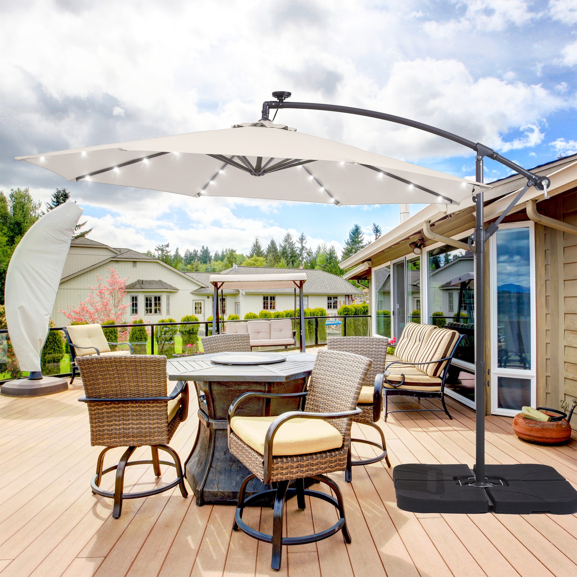 ACEGOSES LW-LED34M 10-ft Steel Cream No-tilt Offset Patio Umbrella with Lights