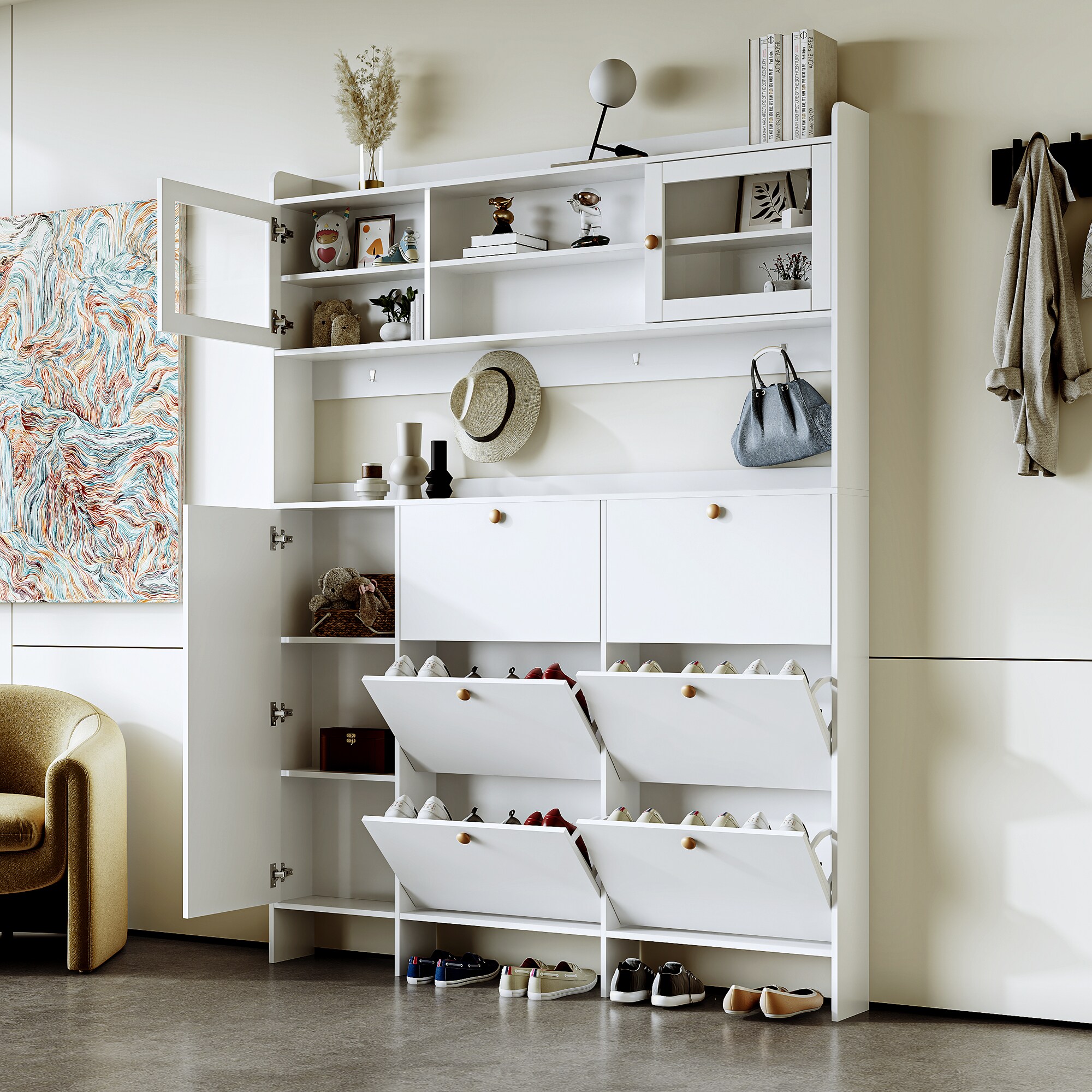 Tatayosi JL-00028AAK VIDEO provided ON-TREND Multifunctional Tipping Bucket Shoe Cabinet with Storage Shelf  6 Flip Drawers; Large Hall Tree with Tempered Glass Doors; Foyer Cabinet with 4 Hooks for Hallway; White