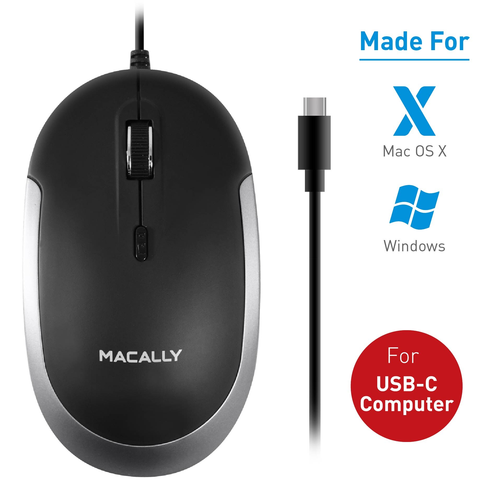 Macally Macally Silent USB Type C Space Gray Mouse Wired for Apple Mac & Windows Laptop/Desktop Computer | Slim & Compact Mice Design & Optical Sensor & DPI Switch 800/1200/1600/2400