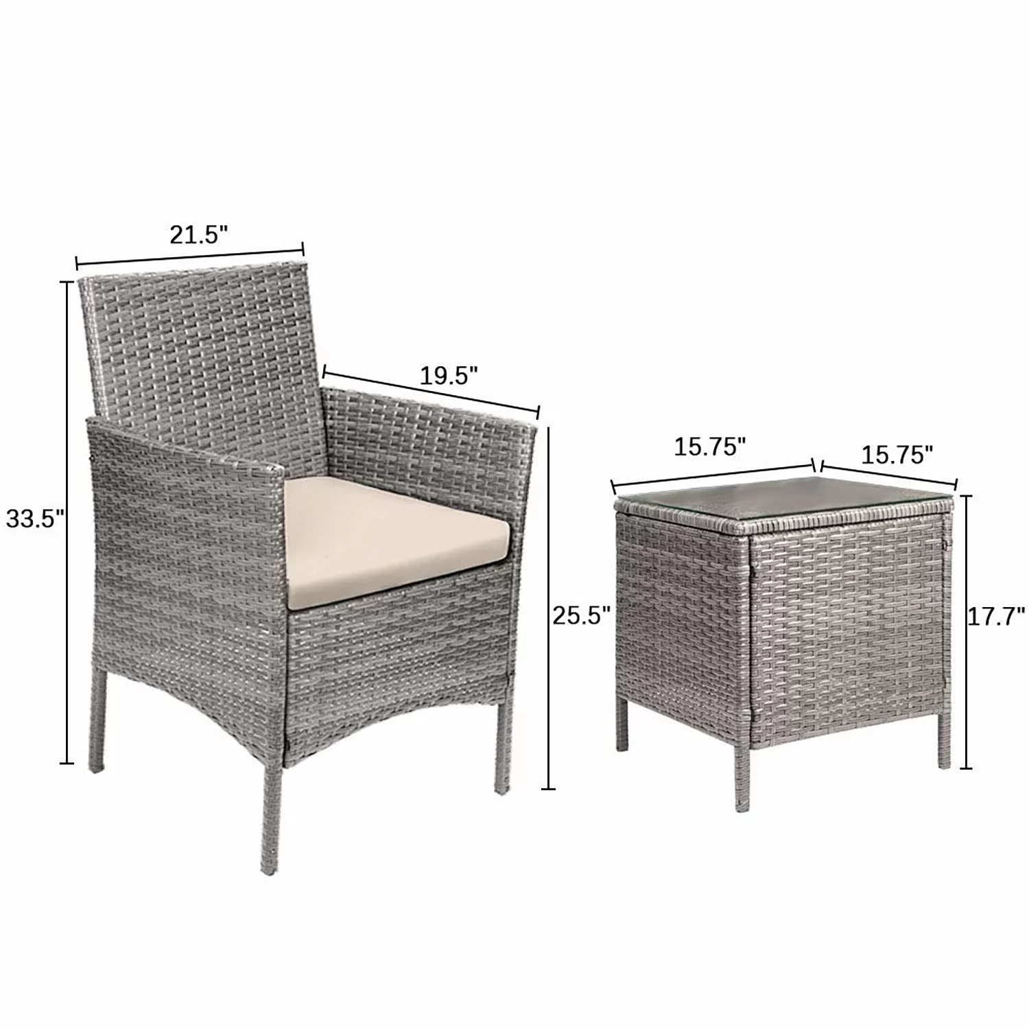 Vineego 3-Piece Gray Rattan Wicker Patio Conversation Set with Cushions ...