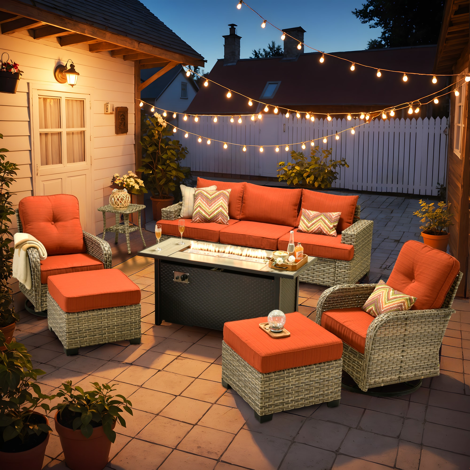 XIZZI XITBS8074-VNCIFP Agate 7-Piece Rattan Patio Sofa Conversation Set with Orange Cushions