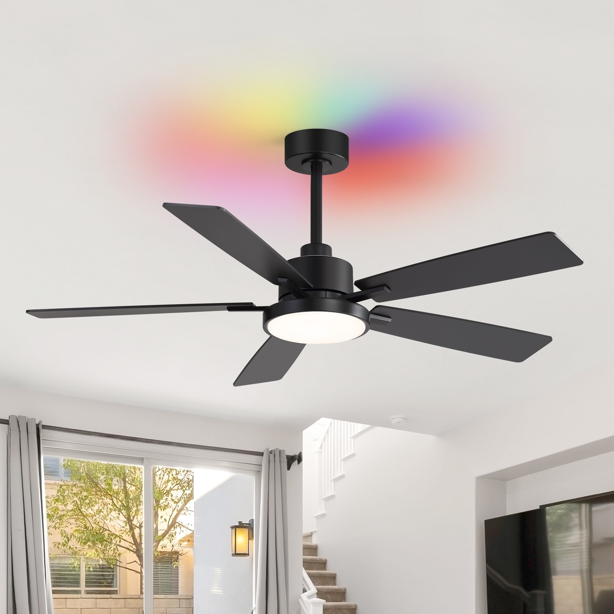 Breezary 32042-BK-RGB RGB Backlight 52-in Color-Changing Integrated LED Smart Matte Black with Black and Wood Grain Blades Ceiling Fan With Light 5 -Blade )