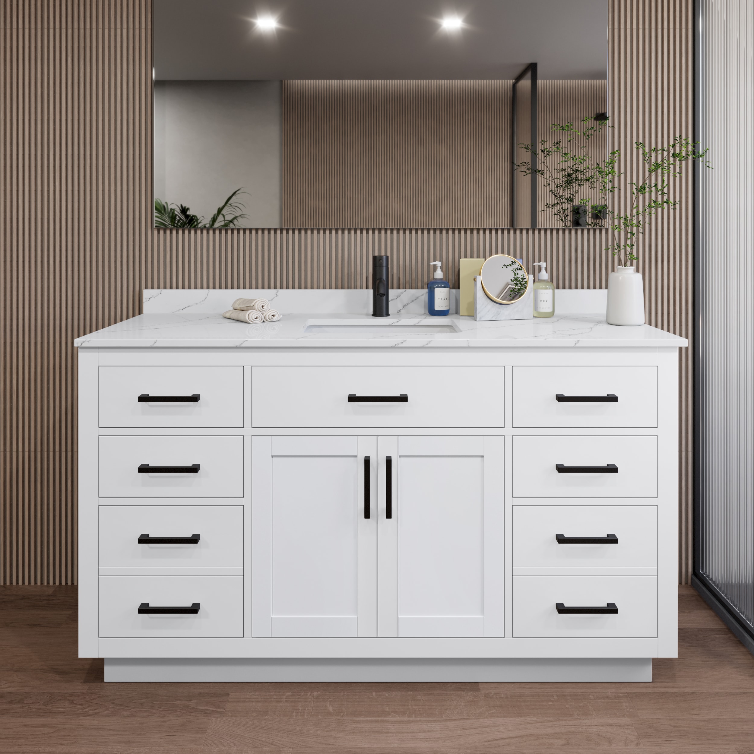 Wyndham Collection WCG262660SWBGTUNSMXX Beckett TK 60-in White with Matte Black Trim Undermount Single Sink Bathroom Vanity with Giotto Quartz Quartz Top