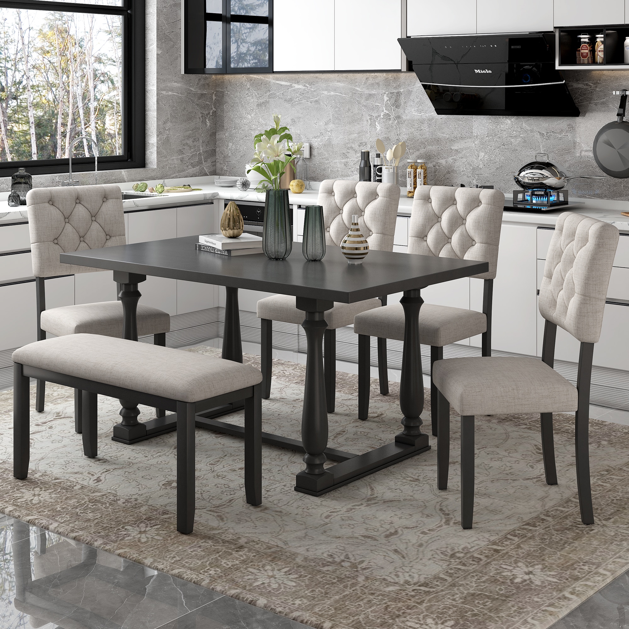 ModernLuxe ST000059AAE 6Piece Dining Table and Chair Set with Specialshaped Legs and Foamcovered Seat BacksCushions for Dining Room Gary