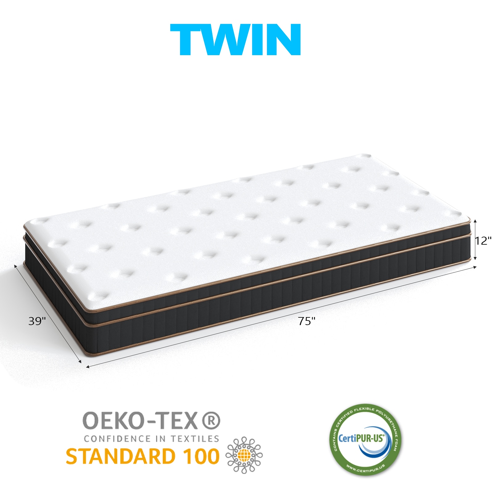 Upsimples - 12 Inch Twin Spring Mattress Medium Firm Mattress with White Surface Black Gold Trim ...