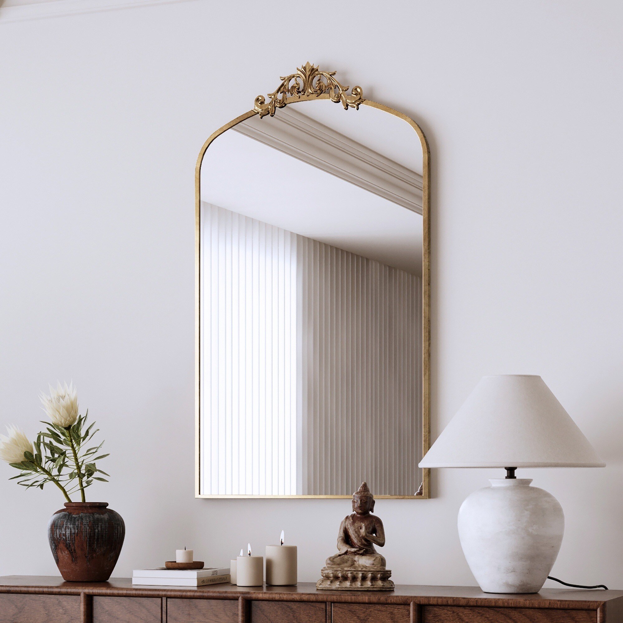 IAK 43 inch x 24 inch Antique Bronze Metal Framed Vintage Ornate Arched Wall Mirror with Elegant Garland Decoration