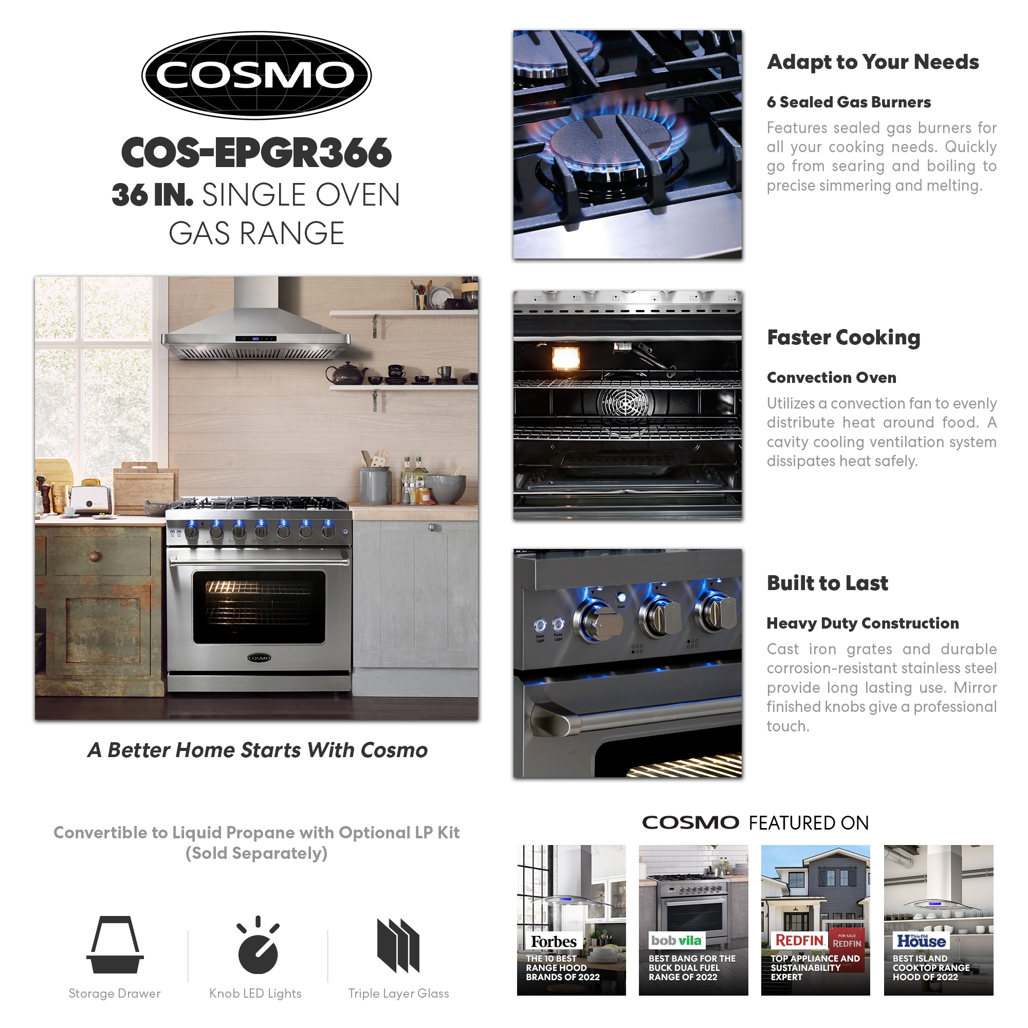 Cosmo Epgr366 36-in 6 Burners 6-cu ft Freestanding Natural Gas Range ...