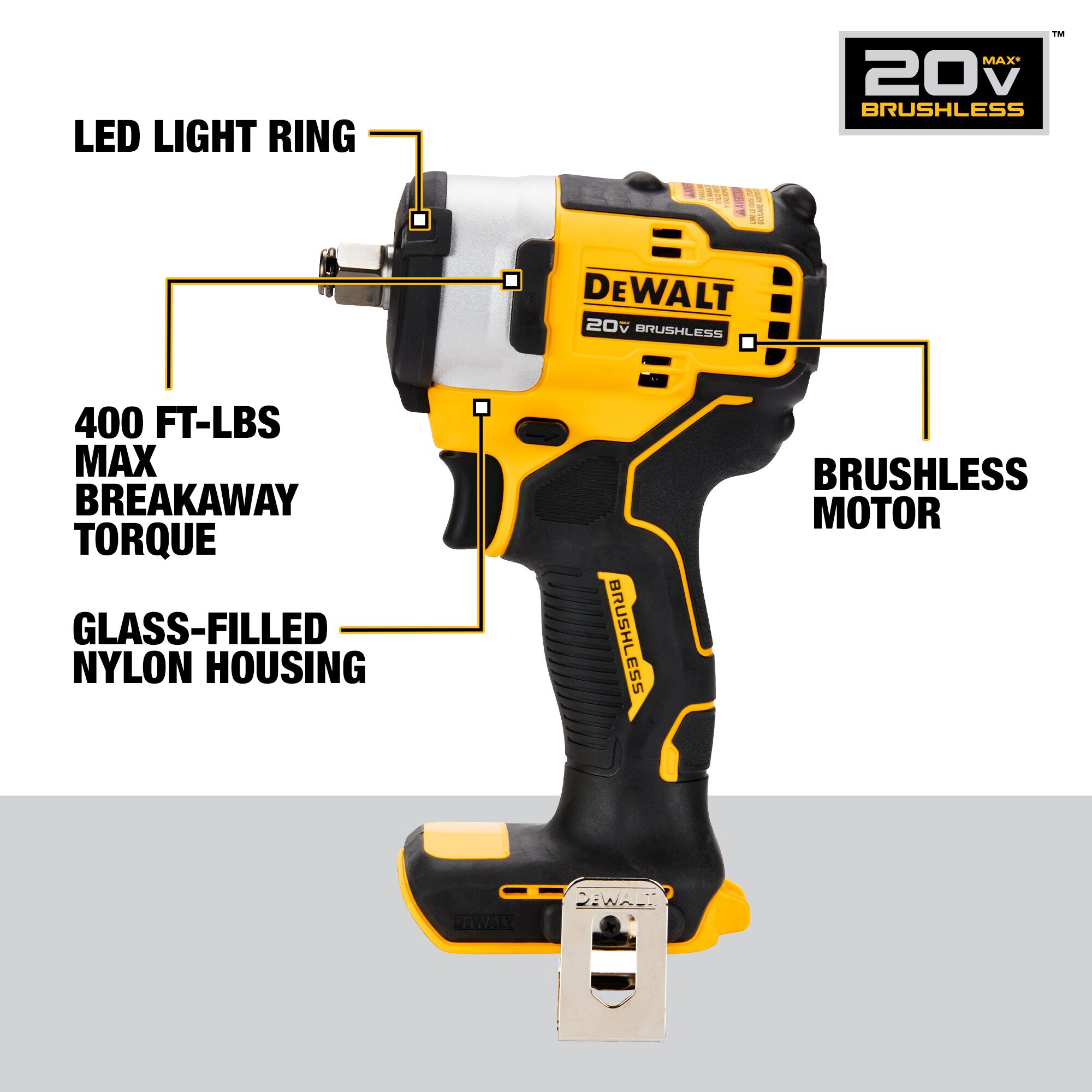 DEWALT 20-volt Max Variable Speed Brushless 1/2-in square Drive Cordless  Impact Wrench (Bare Tool) in the Impact Wrenches department at