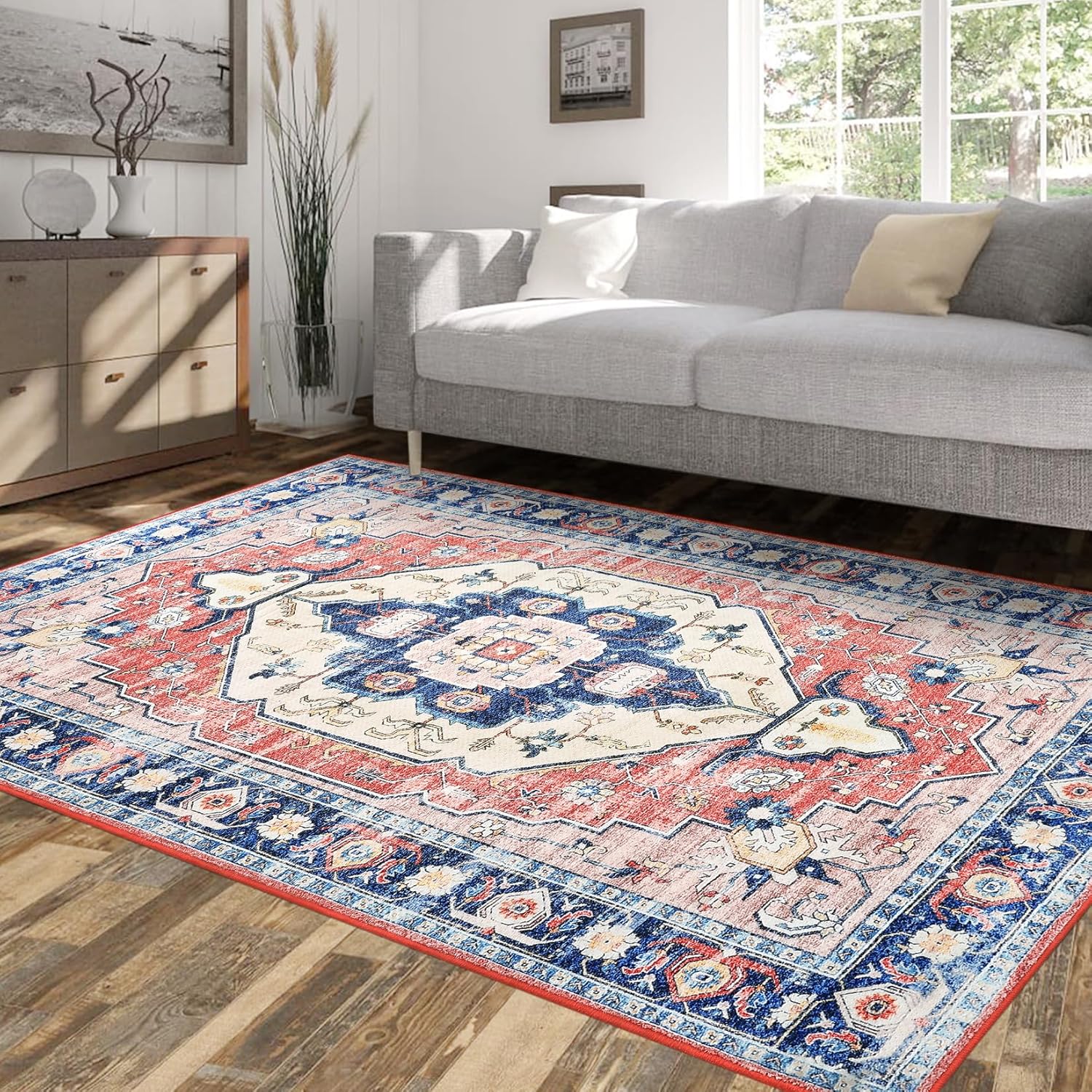 Qeetex LXL-PHO-10GV3KQB GarveeHome Area Rug Vintage Medallion Washable Rug for Living Room Ultra-Soft Non Slip Rug Indoor Low Pile Floor Cover Low Pile Non-Shedding Oriental Rug for Living Room Nursery Office Pink