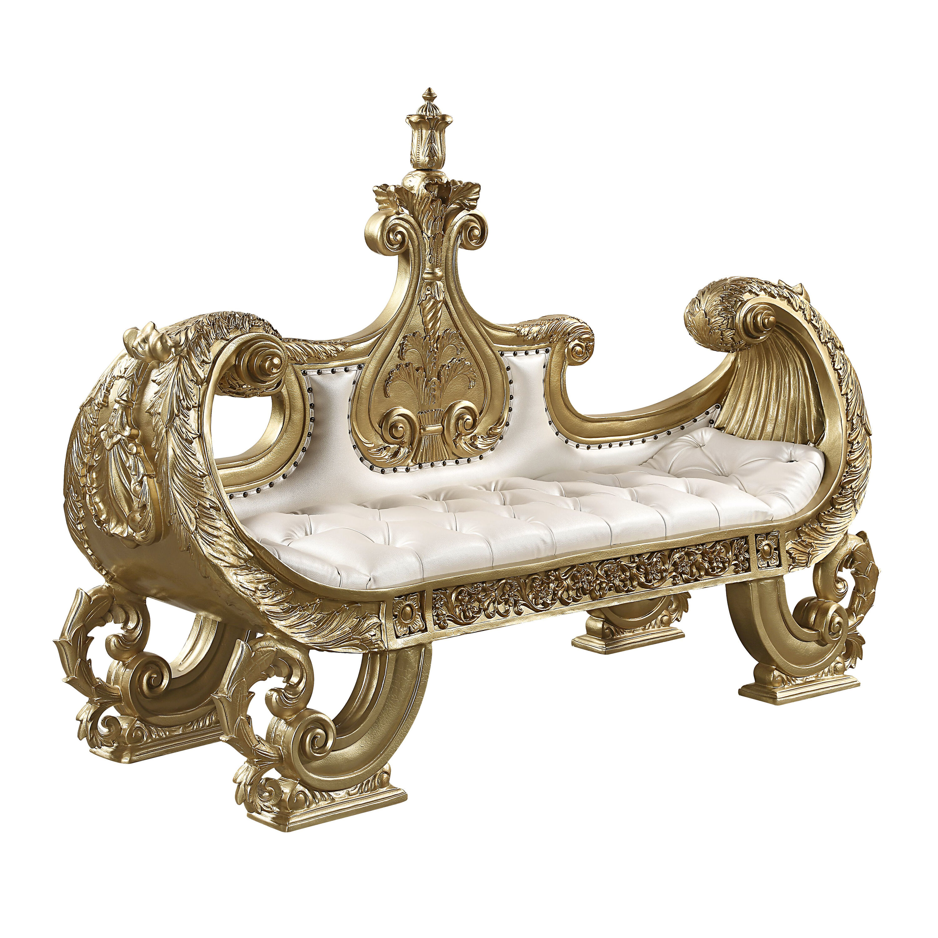 Bernadette White and Gold Synthetic Leather Bench with Intricate Scrollwork
