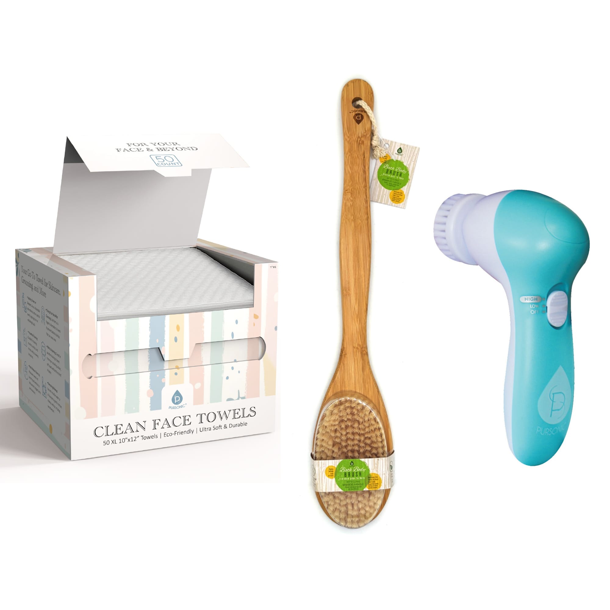 Pursonic Complete Head to Toe Cleansing Set Facial Cleansing Brush Biodegradable Towels and Bamboo Body Brush