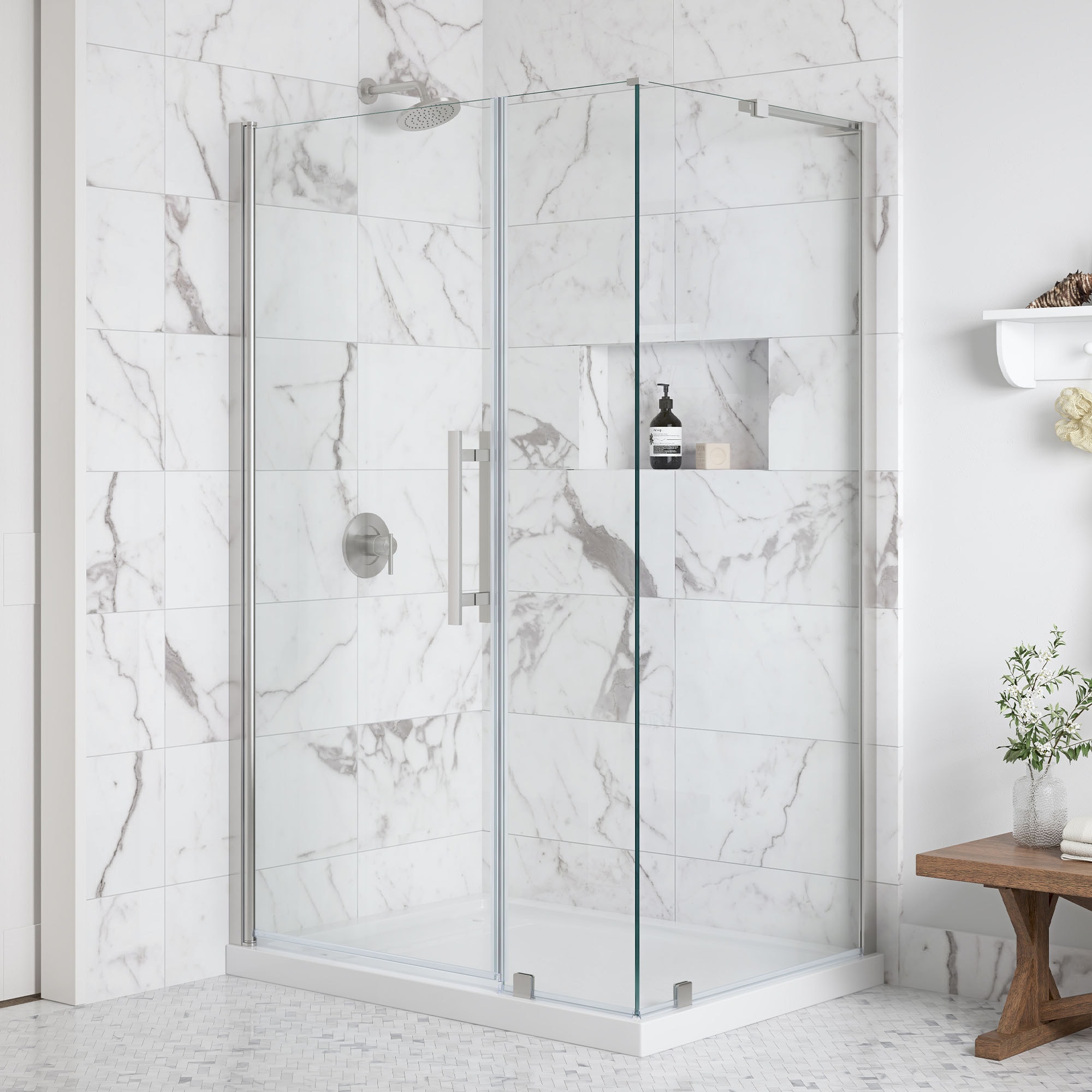 OVE Decors Breeze Pivot 3 -Piece 48-in W x 36-in L x 75-in H Rectangle Corner shower kit ( Reversible Drain) Base and Door Satin nickel Hardware Included
