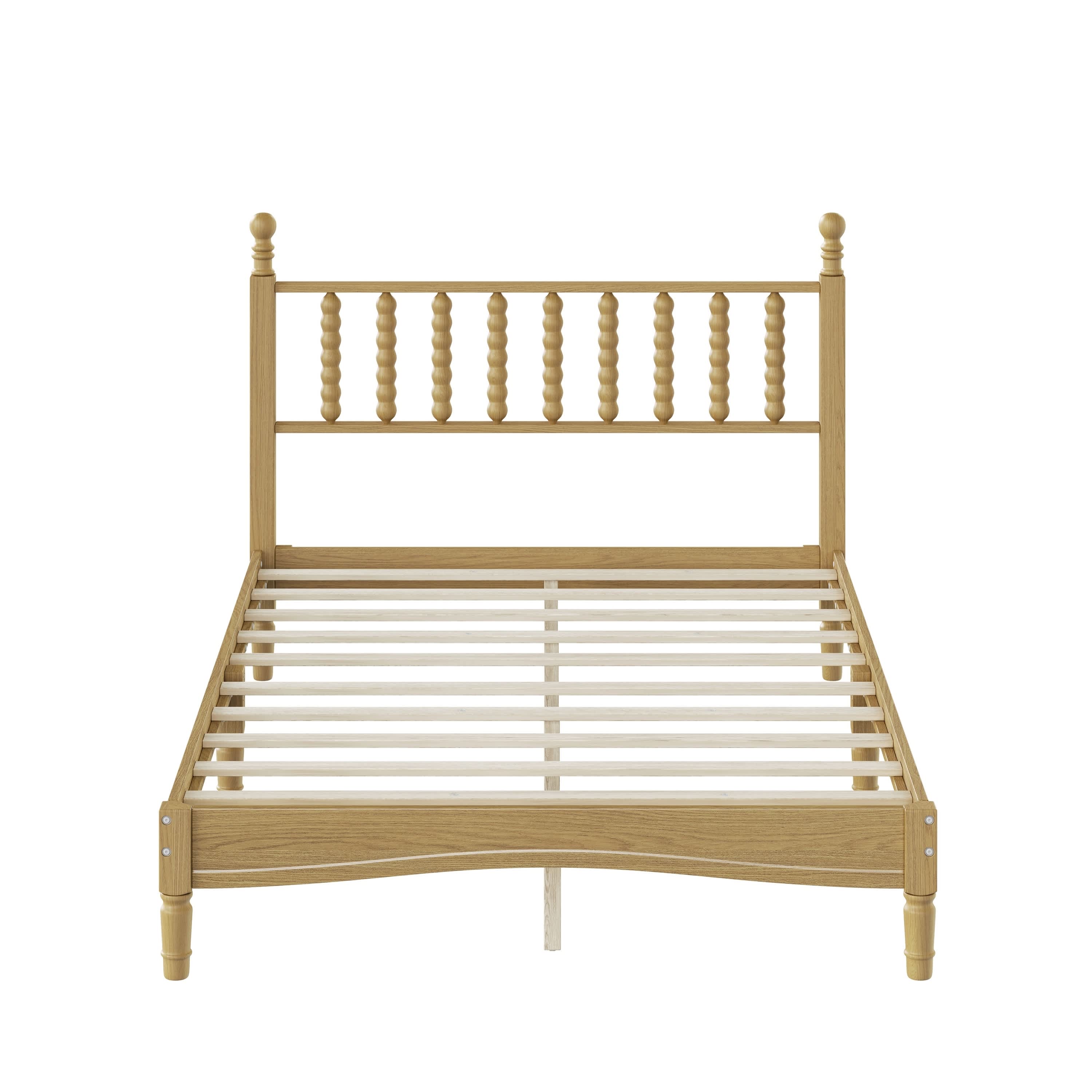Vynxaria -  Full Size Wood Platform Bed with Gourd Shaped Headboard Retro Style Wooden Slat Suppo...