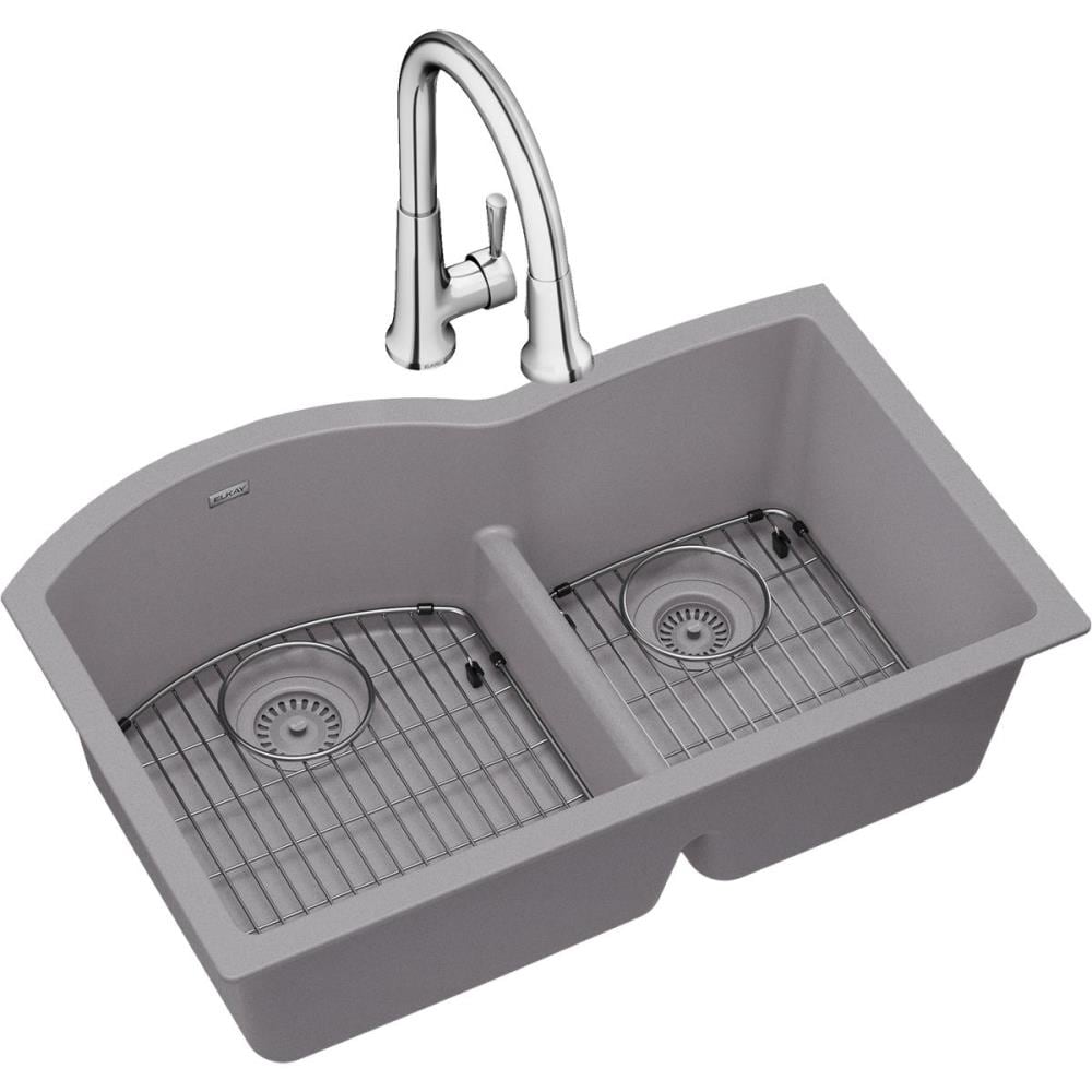 Elkay Quartz Classic Undermount 33 In X 22 In Greystone Double Offset Bowl Kitchen Sink All In One Kit In The Kitchen Sinks Department At Lowes Com