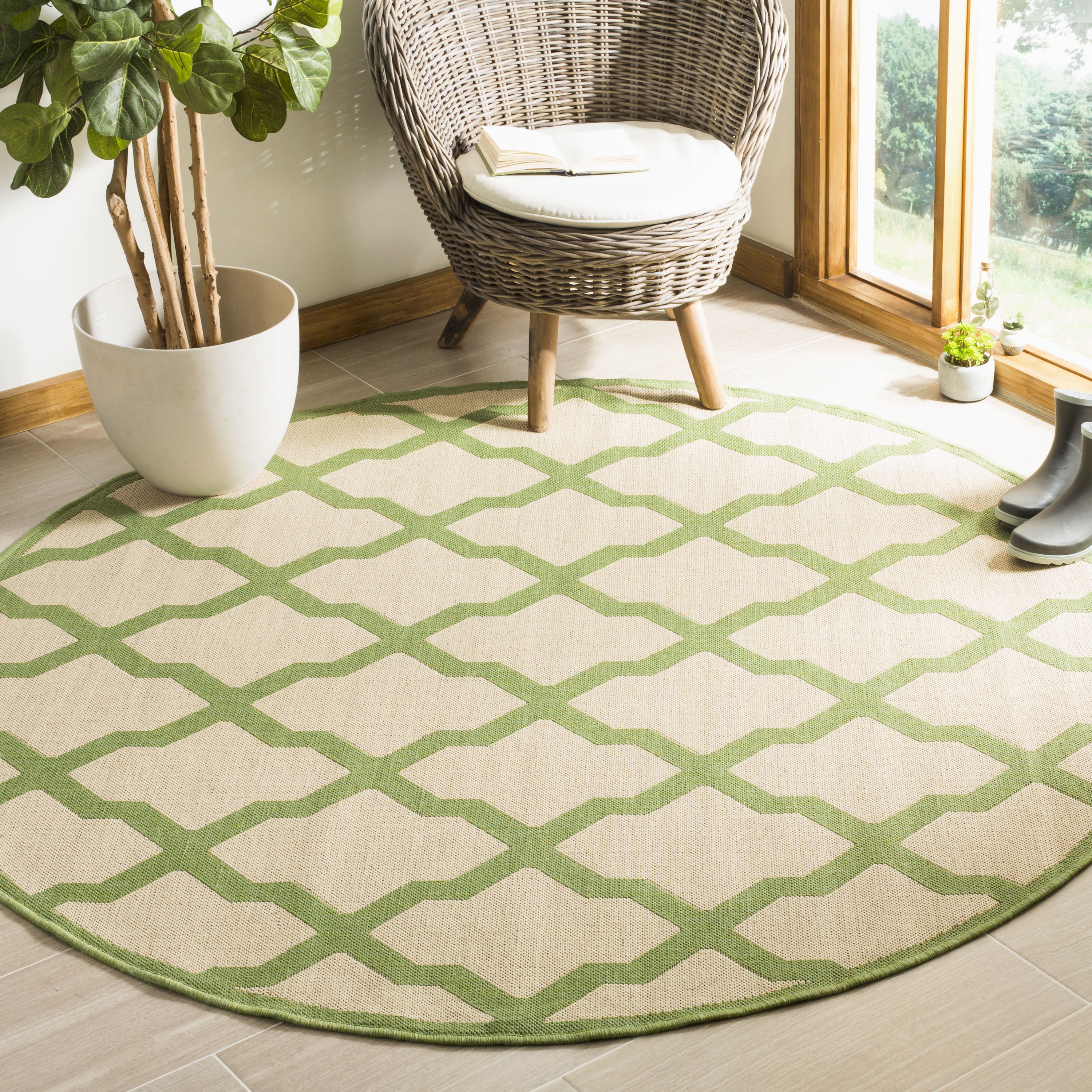 Safavieh LND122V-6R Linden Adamantini 6 x 6 (ft) Loomed Polypropylene Cream/Olive Round Indoor Trellis Coastal Area rug