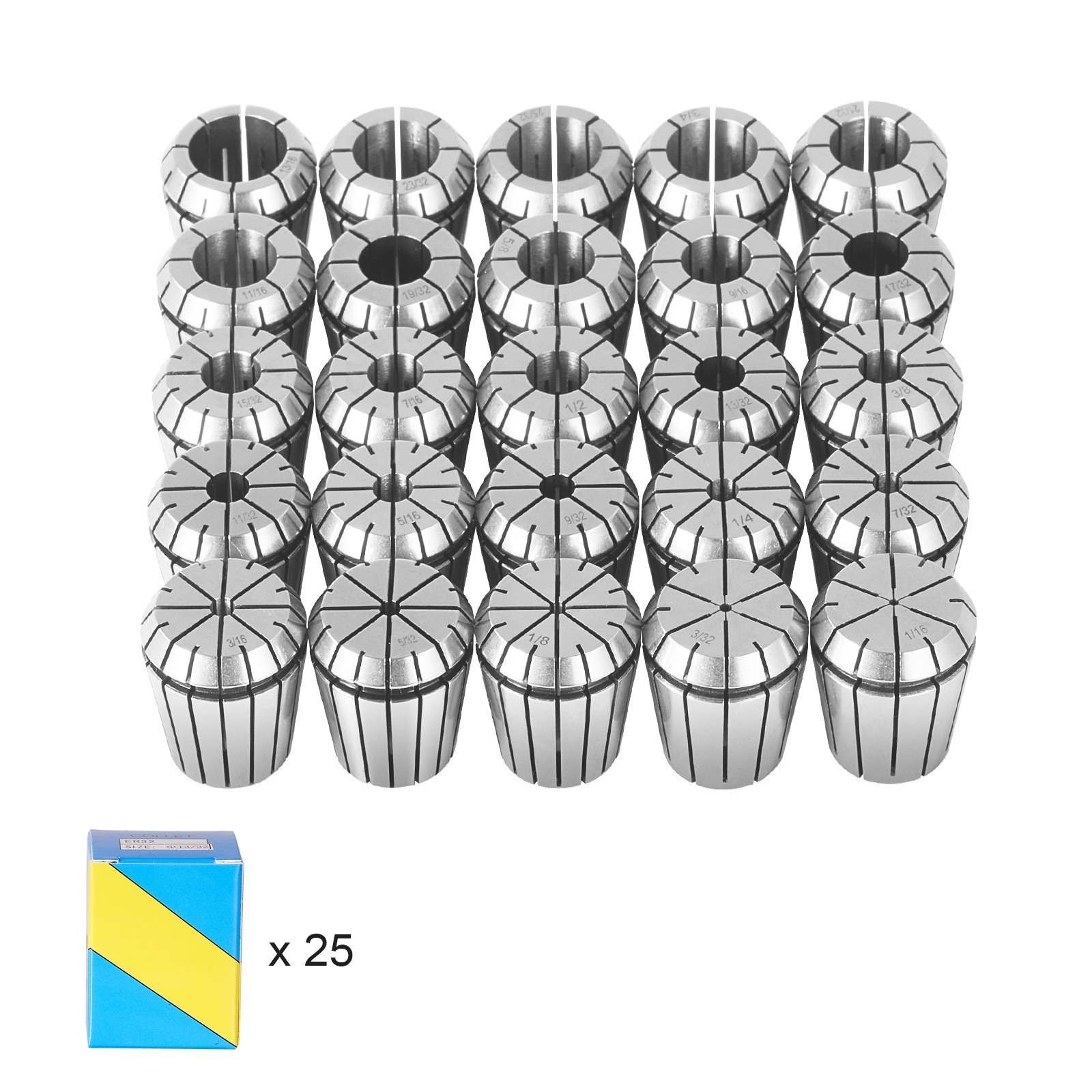 VEVOR SCERJTER322502548V0 25 pcs ER32 Collet Set  1/16in 13/16in  ER32 Spring Collet Chuck Set  0.0006in/15 μm TIR Lathe Chuck Tool with 25 Labeled Storage Boxes  for CNC Engraving Machine Milling Lathe Tool Drill Press