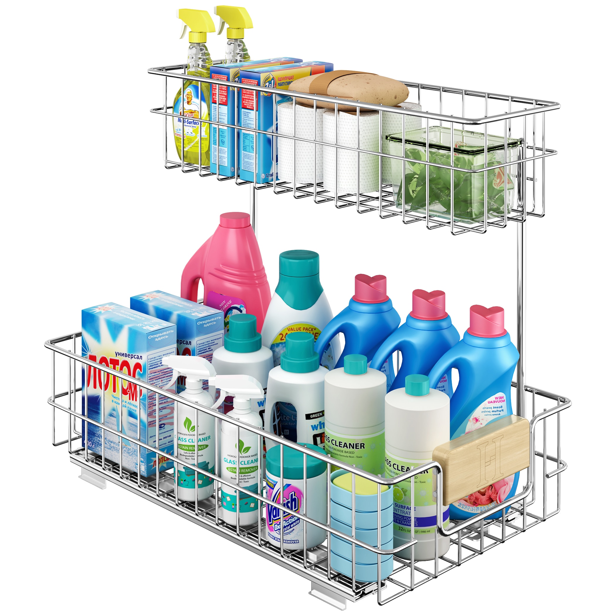 LOVMOR LL-05ED005056-LYJ 11.5 in. W x 21.5 in. D Pull Out Under Sink Organizer with Wood Handle   Cabinet Slide Out Storage Shelf with 2-Tier Wire Drawer (Right)