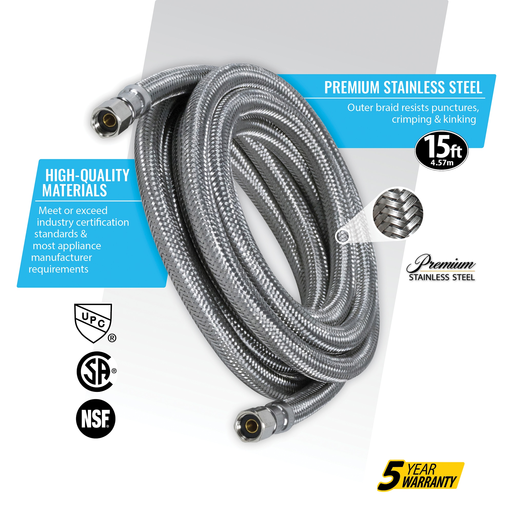 Everflow Supplies 2668-nl Lead Free Stainless Steel Braided Ice Maker Supply Line with Two 1/4 inch Fittings on Both Ends, 96 inch, Other