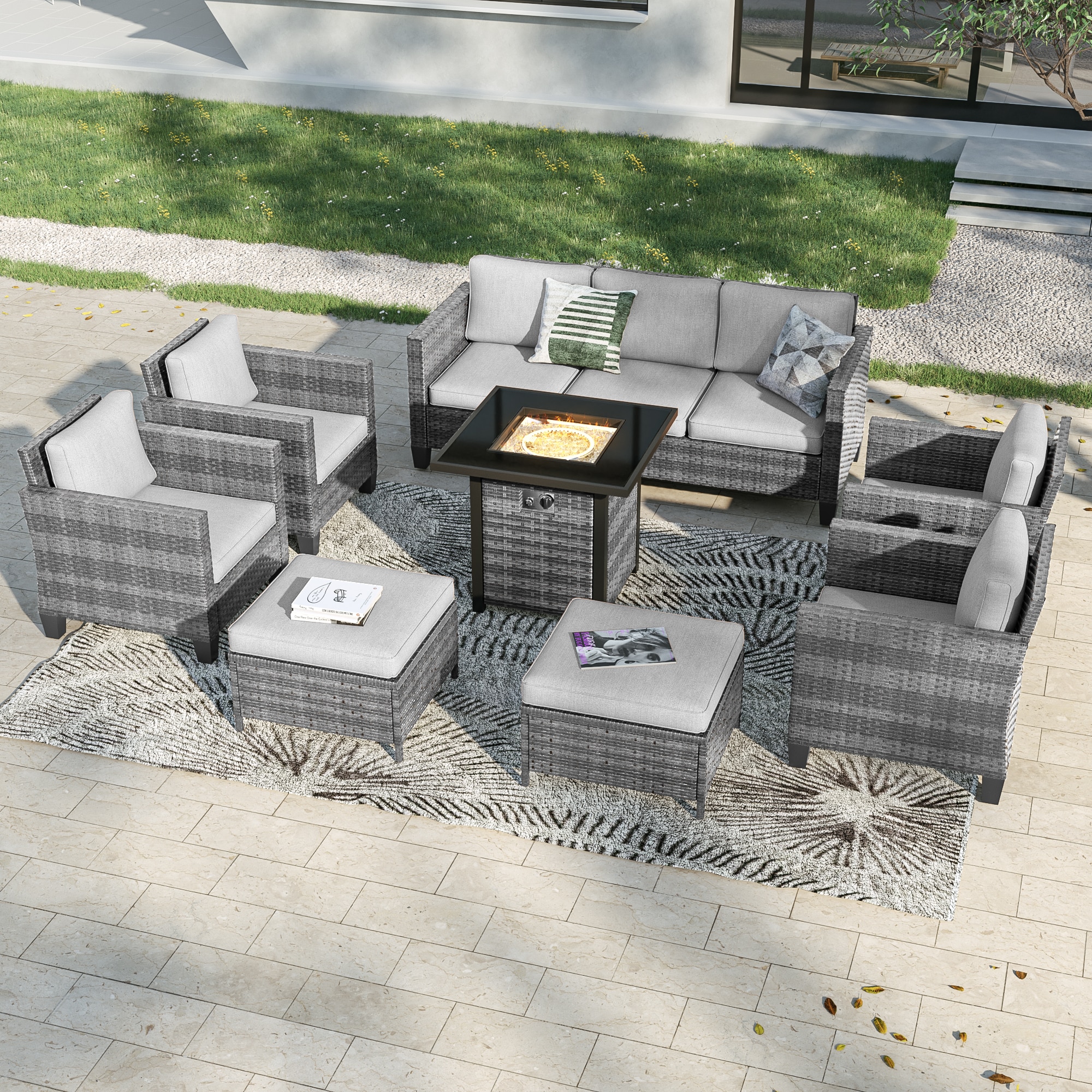 Sonkuki SD-PS-115HLY-S2T4 Patio Conversation Set 8 -Piece Wicker Patio Sofa Conversation Set with Gray Cushions