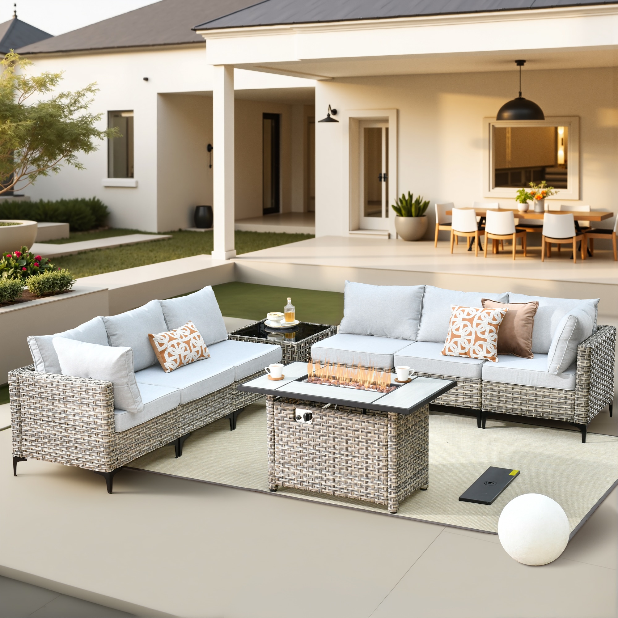 Pouuin RFPSKT408 Wicker Outdoor Sectional with Light gray Cushions and Wicker Frame