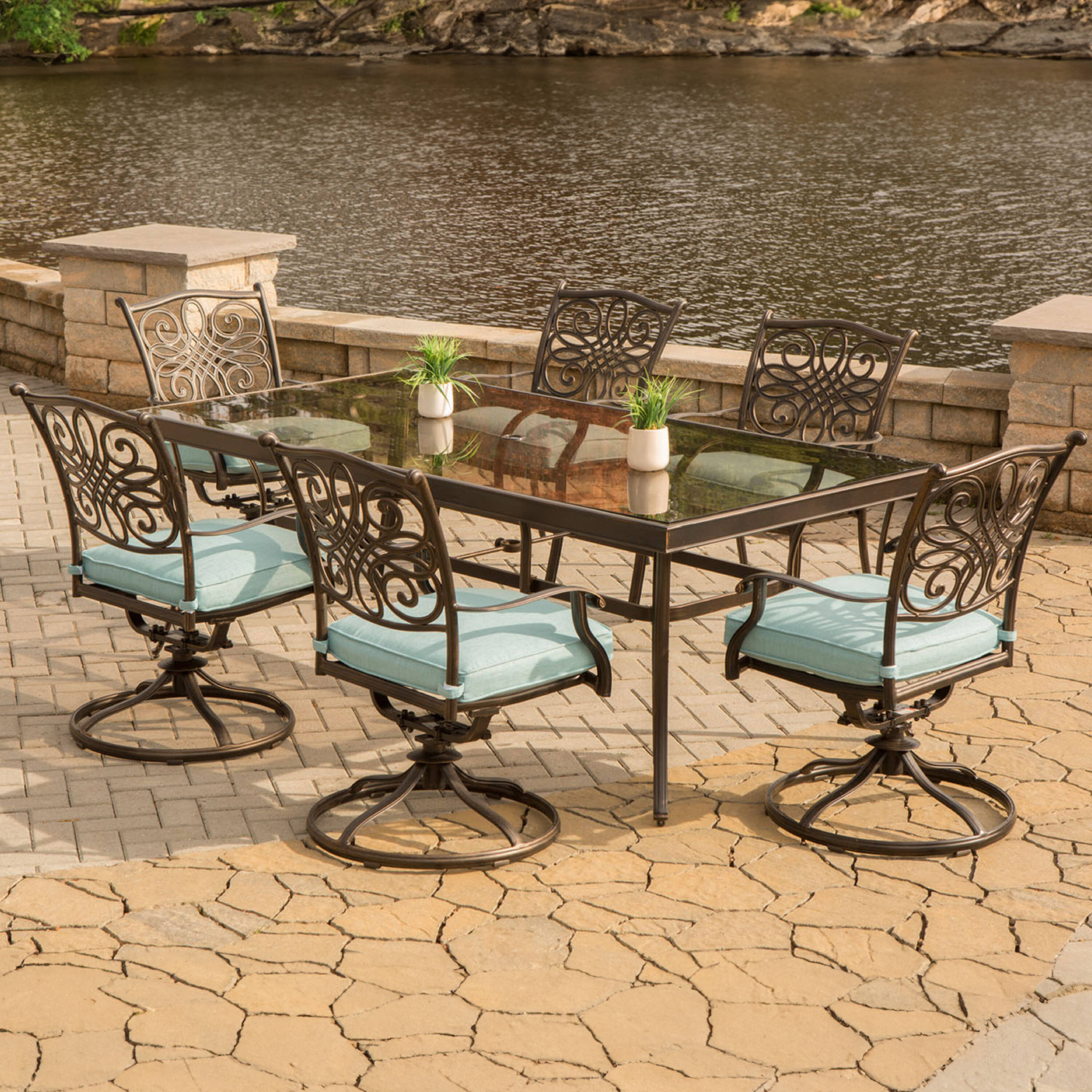 Traditions 7-Piece Blue Aluminum Dining Set with Glass-Top Table