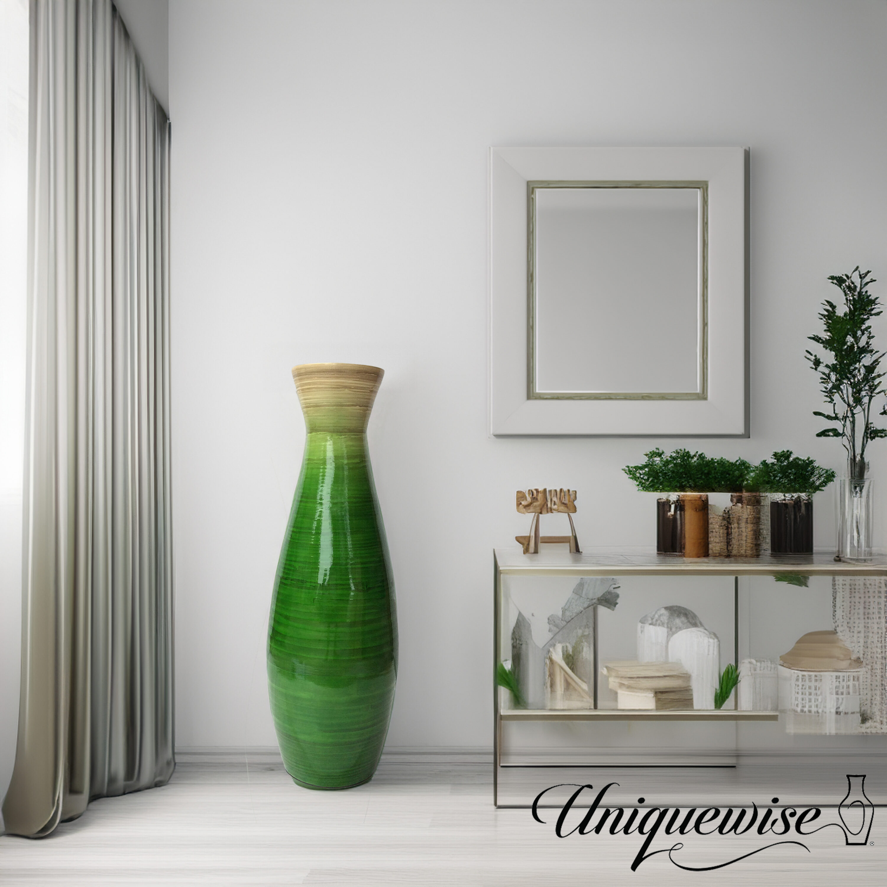 Glossy Green Bamboo Floor Vase with Natural Tone Accent