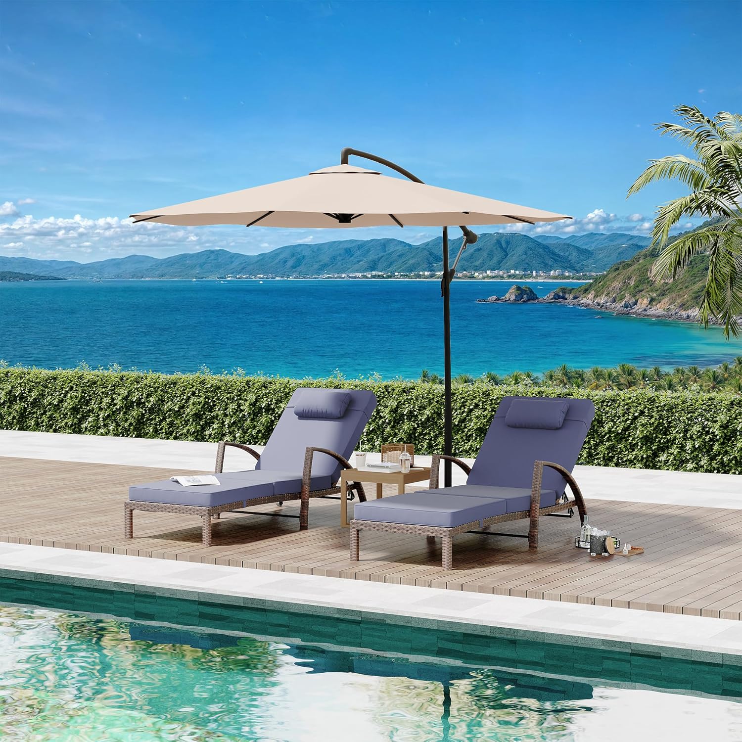Qeetex LHF-DYQ-PPG-339D7FGR Outdoor Chaise Lounge Chairs Set of 2 Patio Rattan Reclining Chair with 5-Position Adjustable Backrest All-Weather Pool Sunbathing Recliners with Rolling Wheels for Outside - Brown and Blue