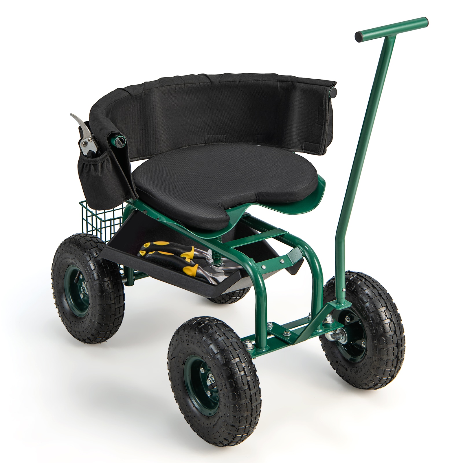 SUGIFT Height-Adjustable 360-Degree Swivel Seat With Storage Basket And Tool Tray 35.5-in L x 23-in W x 41-in H Rolling Garden Cart