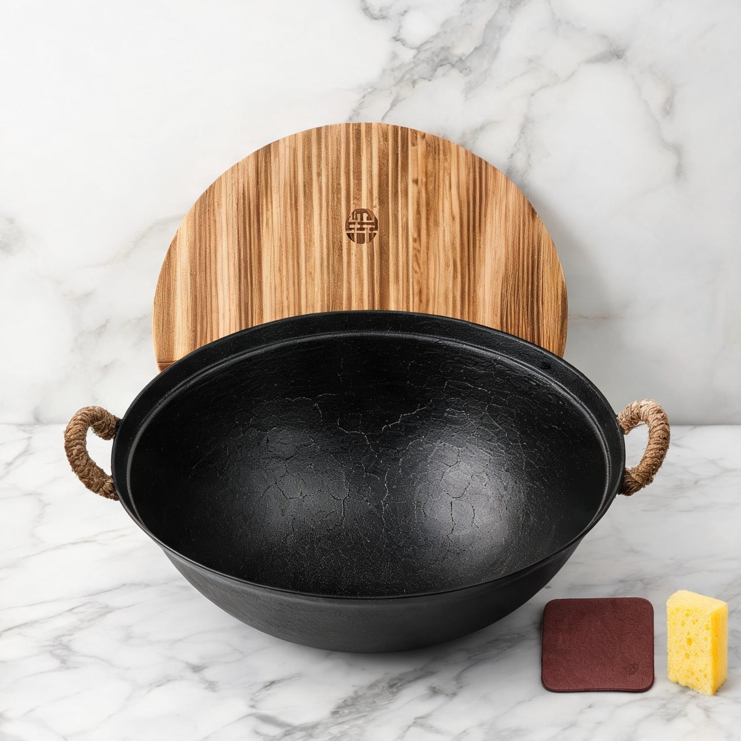 FlowLuxe Handcrafted 14.2-Inch Iron Wok with Dual Handles Round Bottom Black-Toned Ideal for Gas Cooktops with Accessories