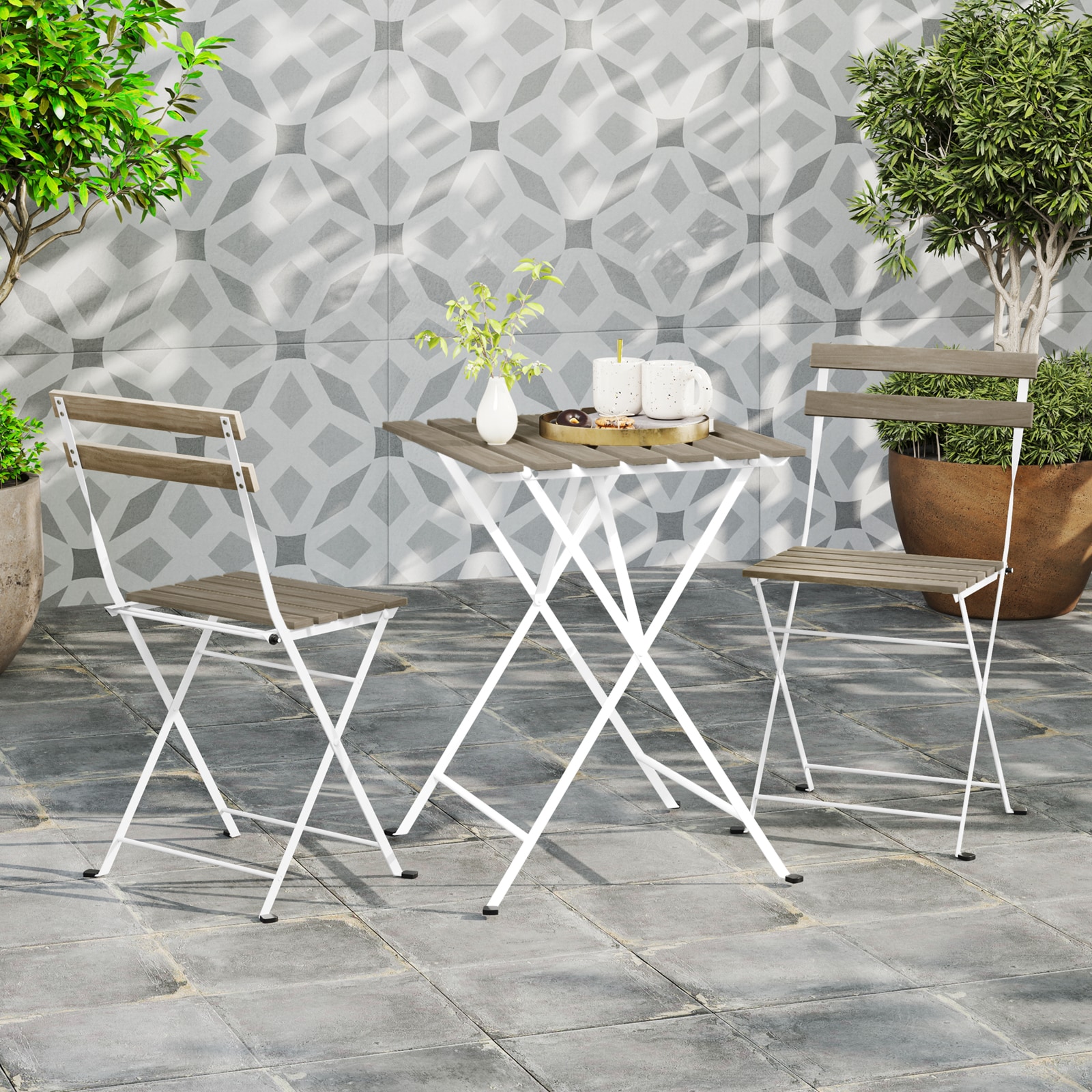 Volenca - 3-Piece Folding Acacia Wood Patio Bistro Set with Slatted Top and 2 Chairs 330-lb Capacity