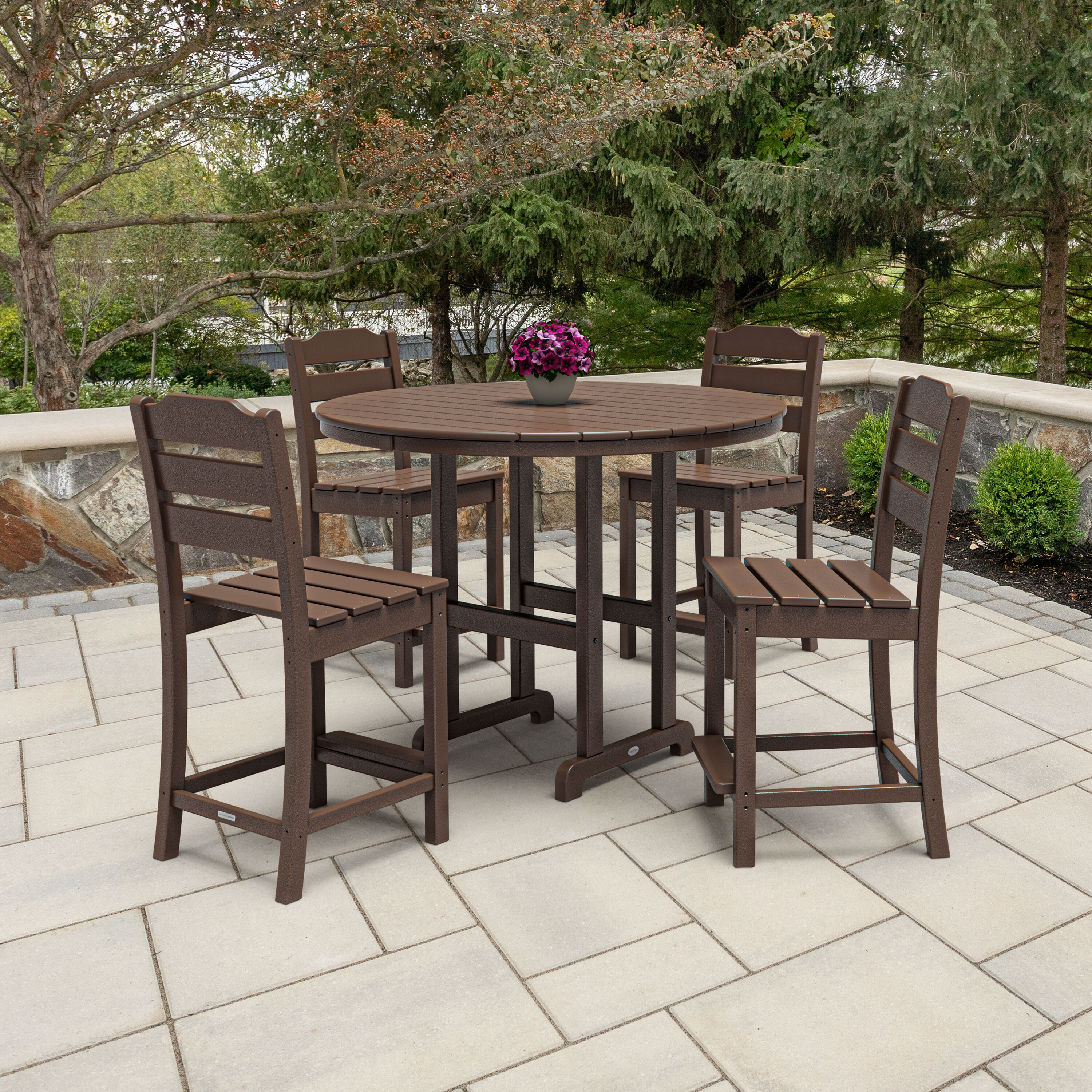 POLYWOOD PWS2541-1-MA Oakport 5 -Piece Mahogany Balcony Height Patio Dining Set Plastic Round Table with 4 Stationary Chairs