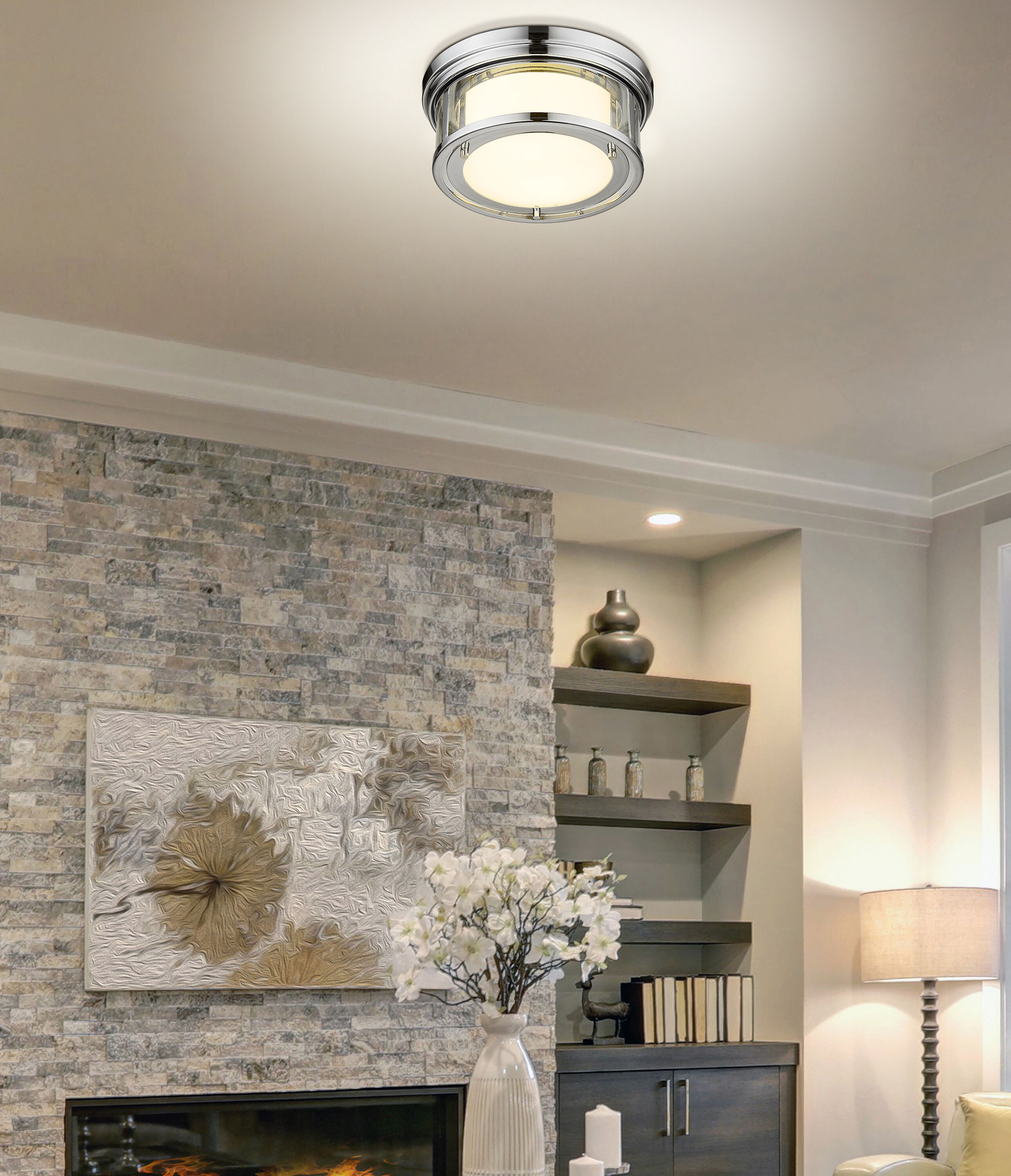 Willow 12" Chrome Drum Flush Mount with Opal & Clear Glass