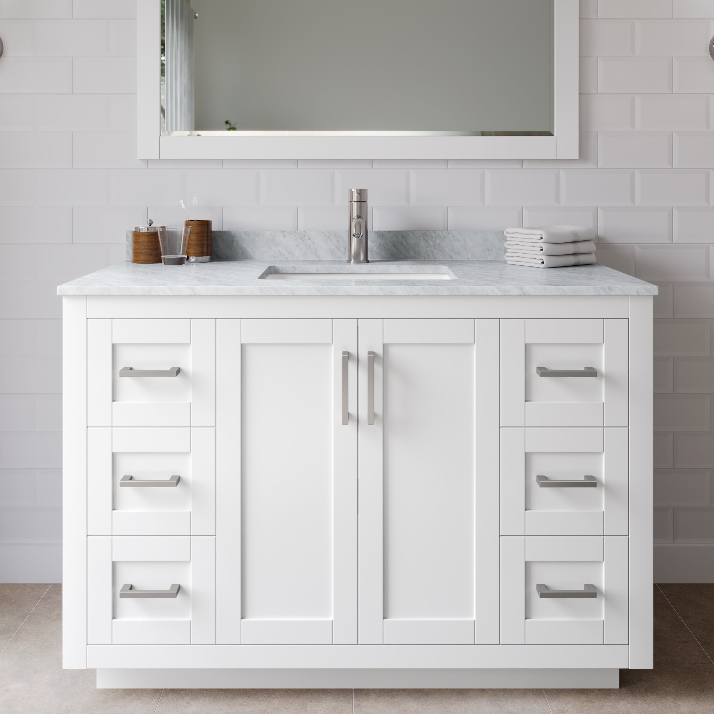 Wyndham Collection WCF292948SWHCMUNSM46 Miranda 48-in White with Brushed Nickel Trim Undermount Single sink Bathroom Vanity with White Carrara Marble Marble Top (Mirror Included)