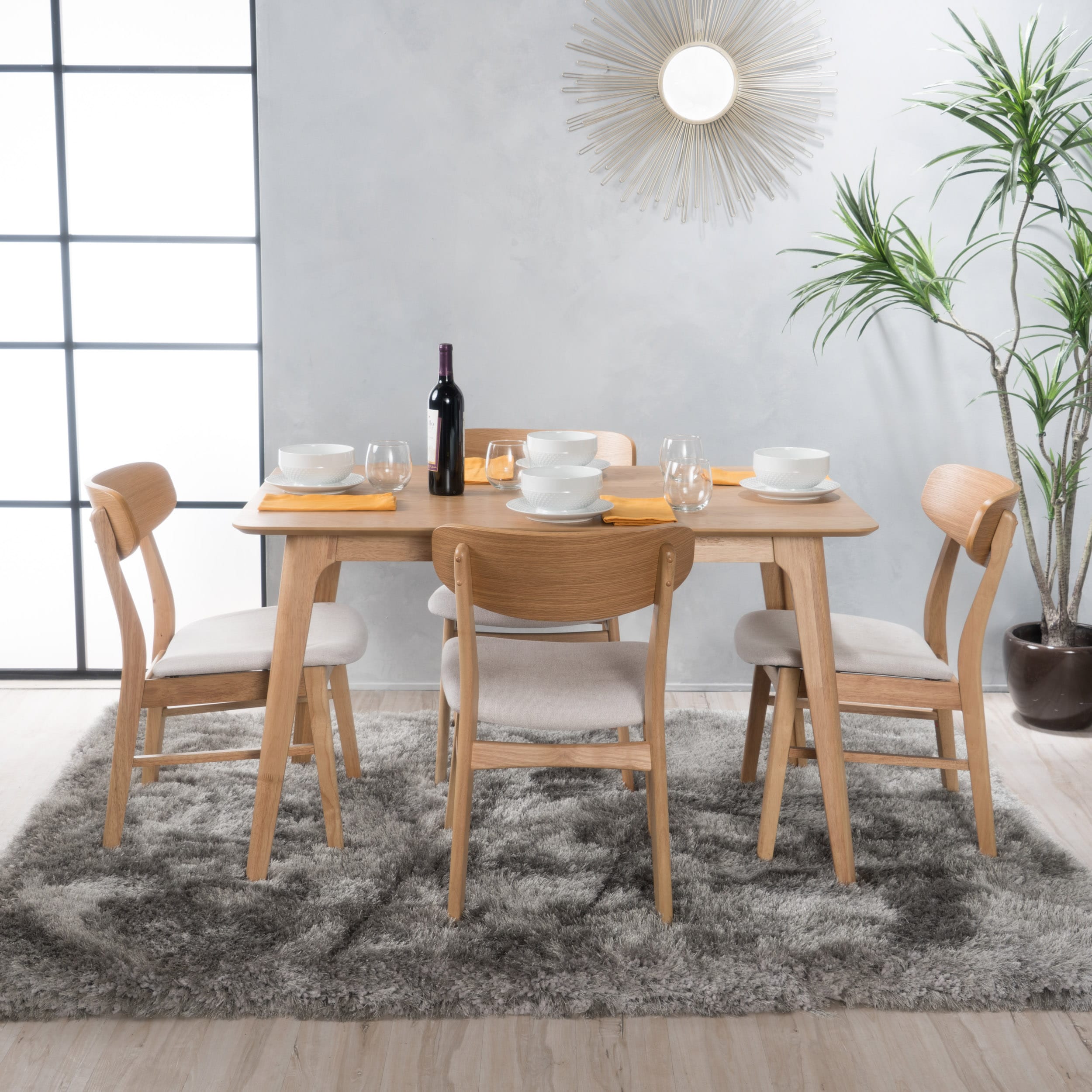 Christopher Knight Home 299344 Iriat Mid century 5 piece Dining Set-Natural Oak + Light Beige