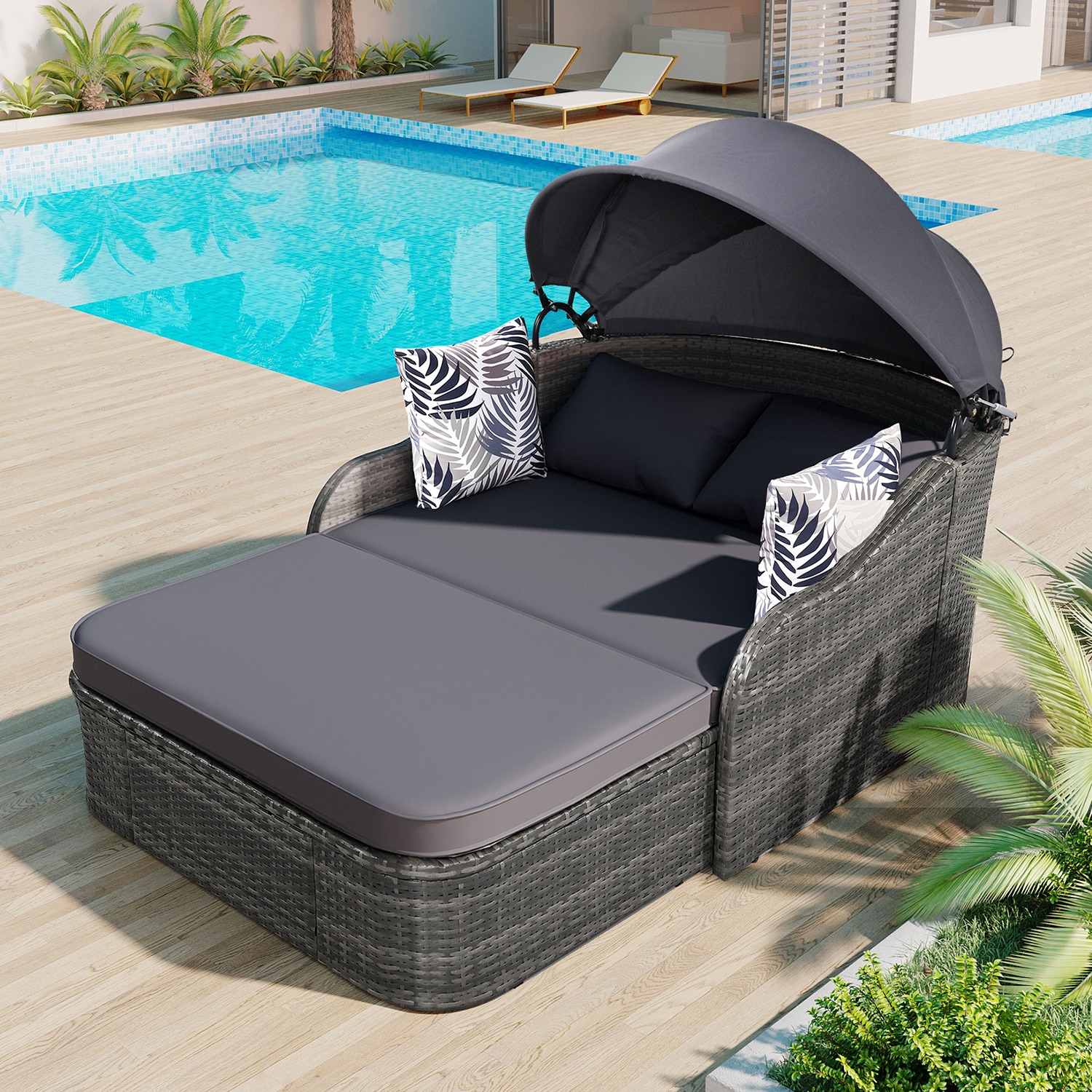 Bybafun Rattan Outdoor Daybed with Gray Cushion(S) and Rattan Frame in ...