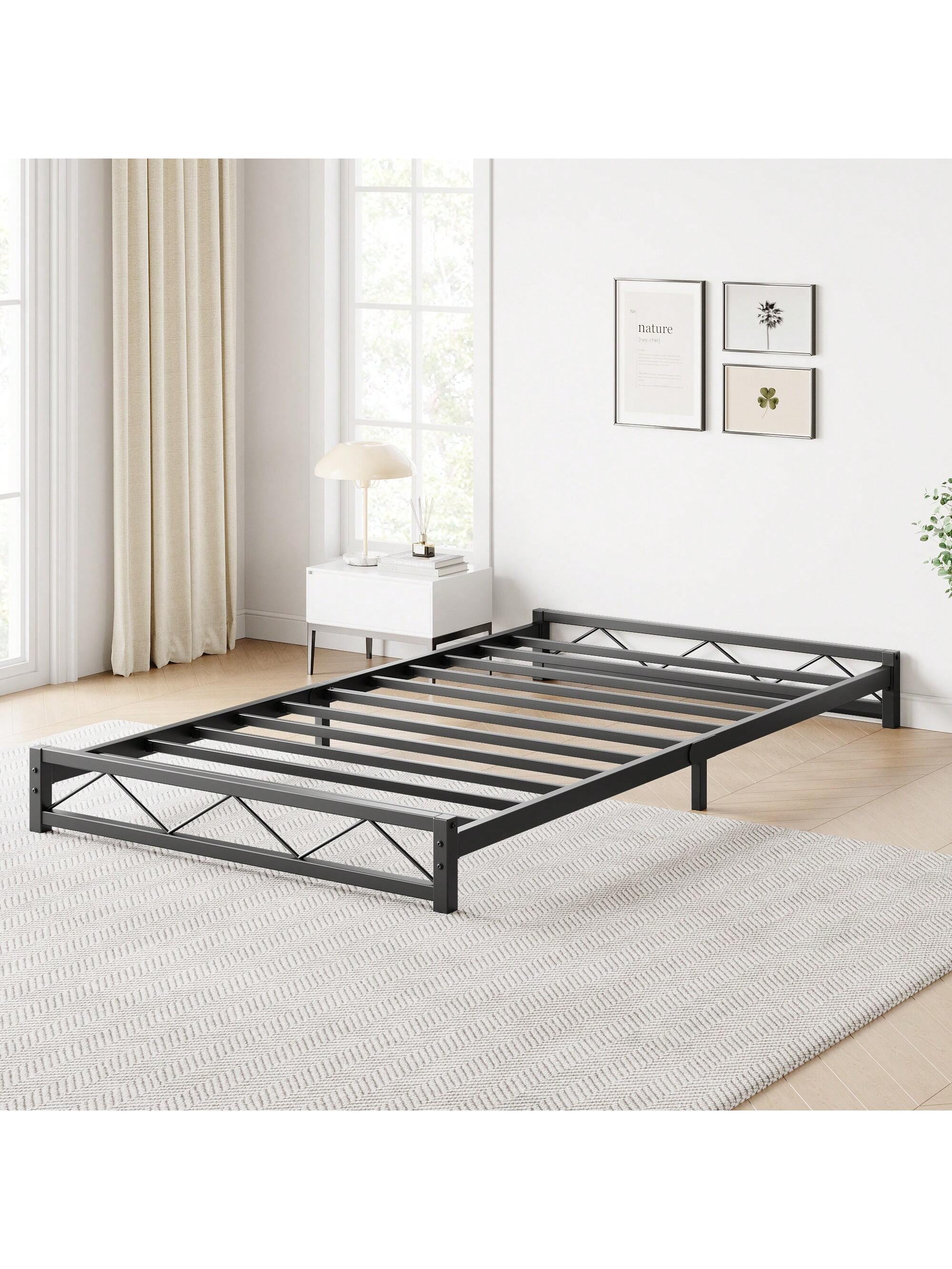 Qeetex PHO-11AYD7ZA-HF4 Bed Frame. Metal Low Platform Bed Frame. With Wavy Pattern. Metal Slat Support. Mattress Foundation And No Box Spring Needed. Easy Assembly. Black