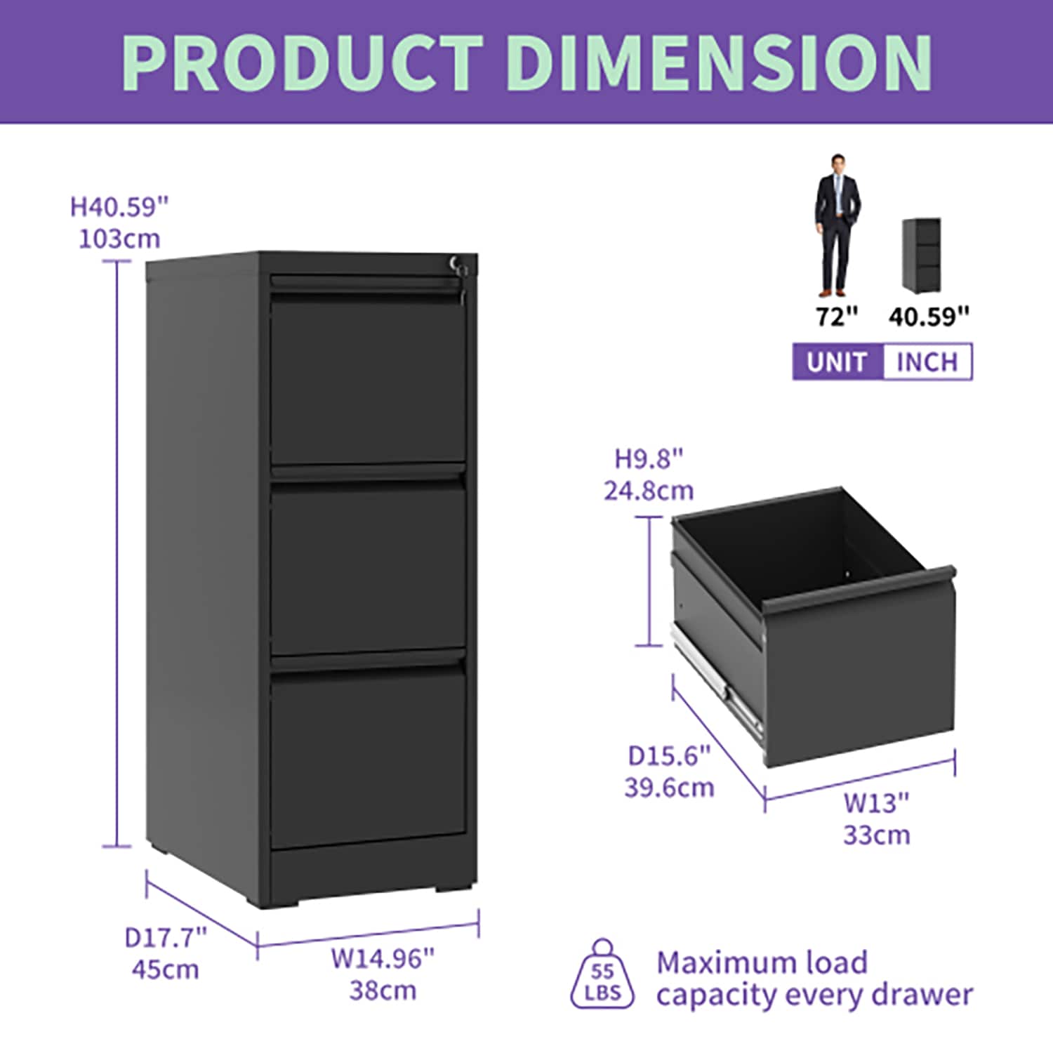 Black Steel 3-Drawer Lockable Vertical File Cabinet